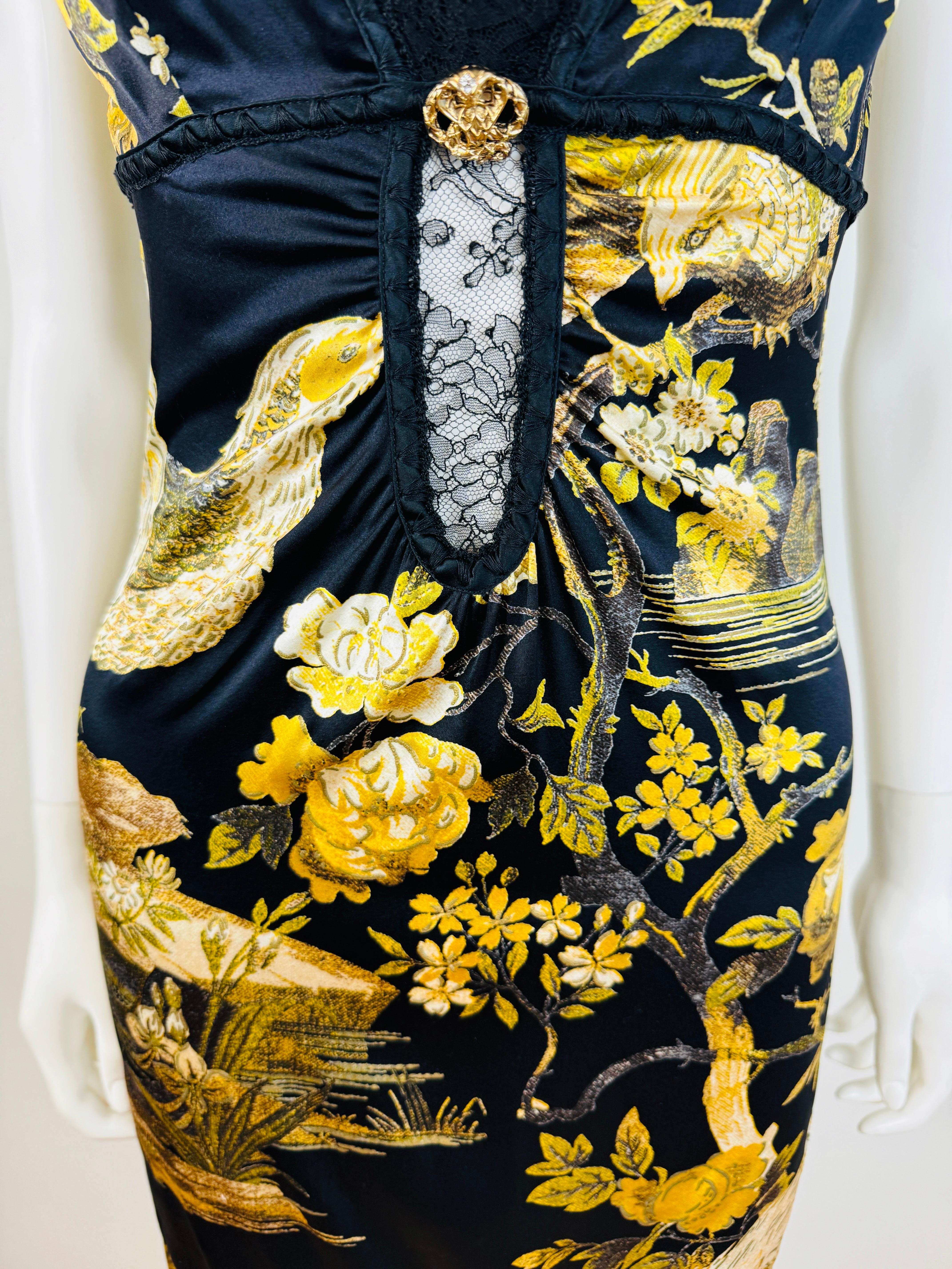 Women's or Men's Vintage F/W 2006 Roberto Cavalli Opulent Birds Floral Black Lace Mini Dress For Sale