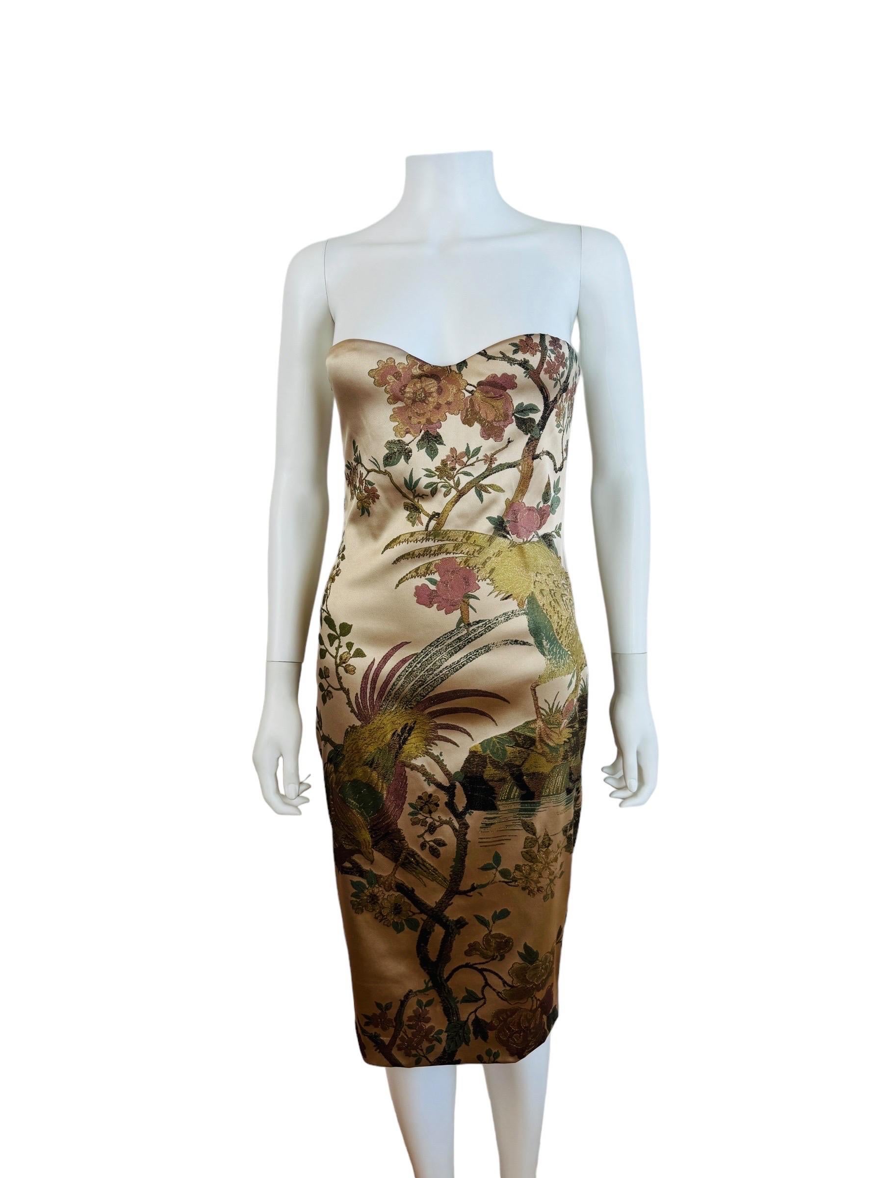 Grigio Vintage F&F 2006 Roberto Cavalli Vestito floreale di fagiano senza spalline in seta Tan in vendita