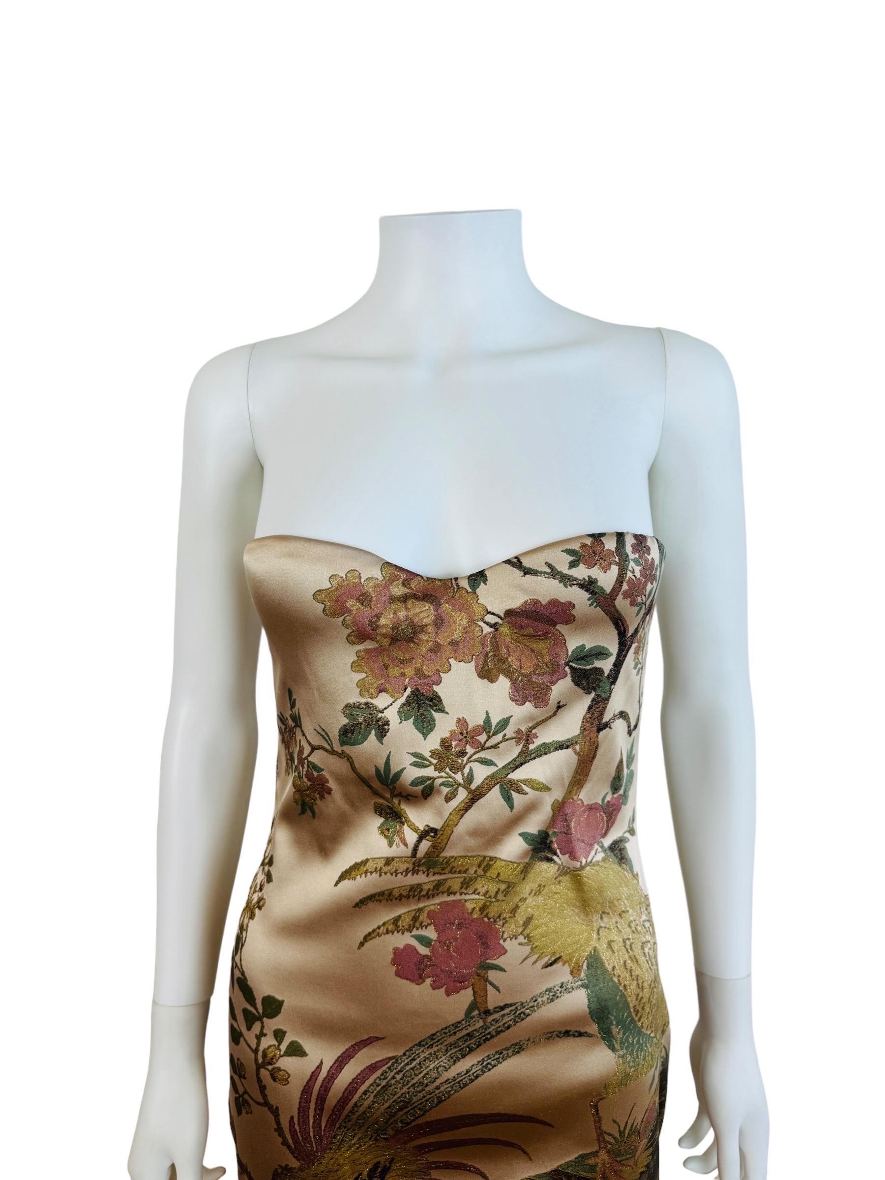 Vintage F&F 2006 Roberto Cavalli Vestito floreale di fagiano senza spalline in seta Tan In condizioni ottime in vendita a Denver, CO
