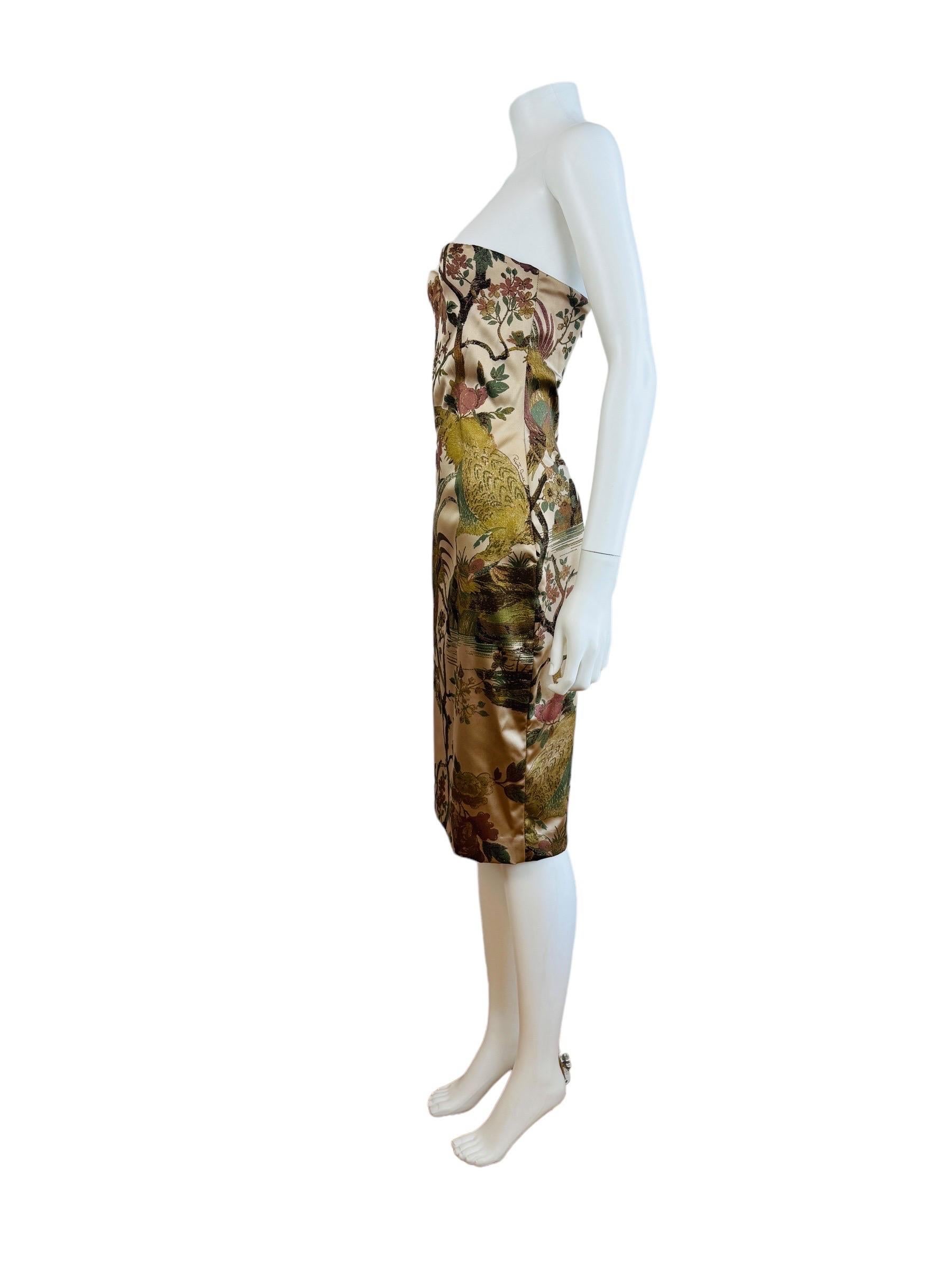 Donna Vintage F&F 2006 Roberto Cavalli Vestito floreale di fagiano senza spalline in seta Tan in vendita