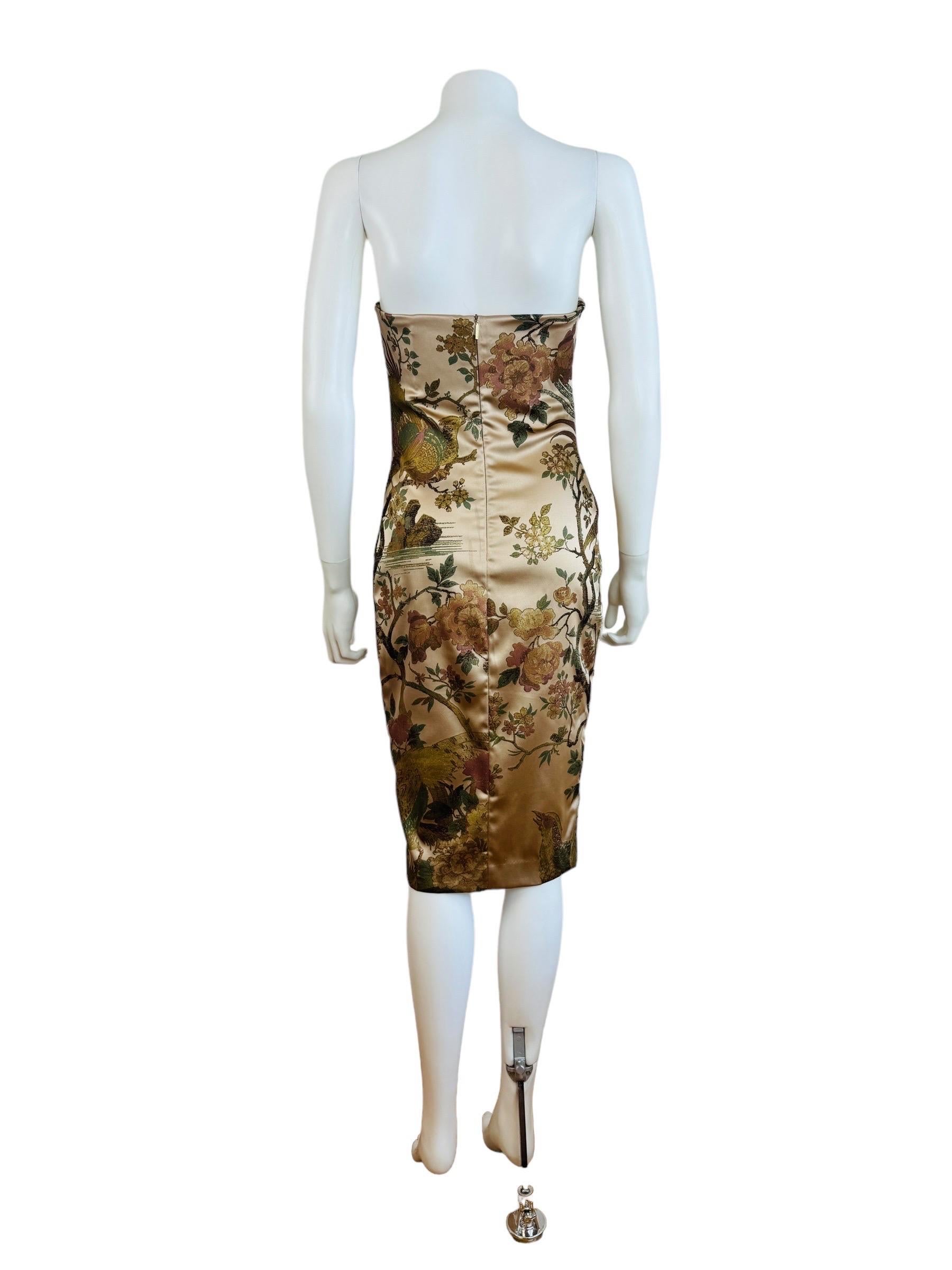 Vintage F&F 2006 Roberto Cavalli Vestito floreale di fagiano senza spalline in seta Tan in vendita 1