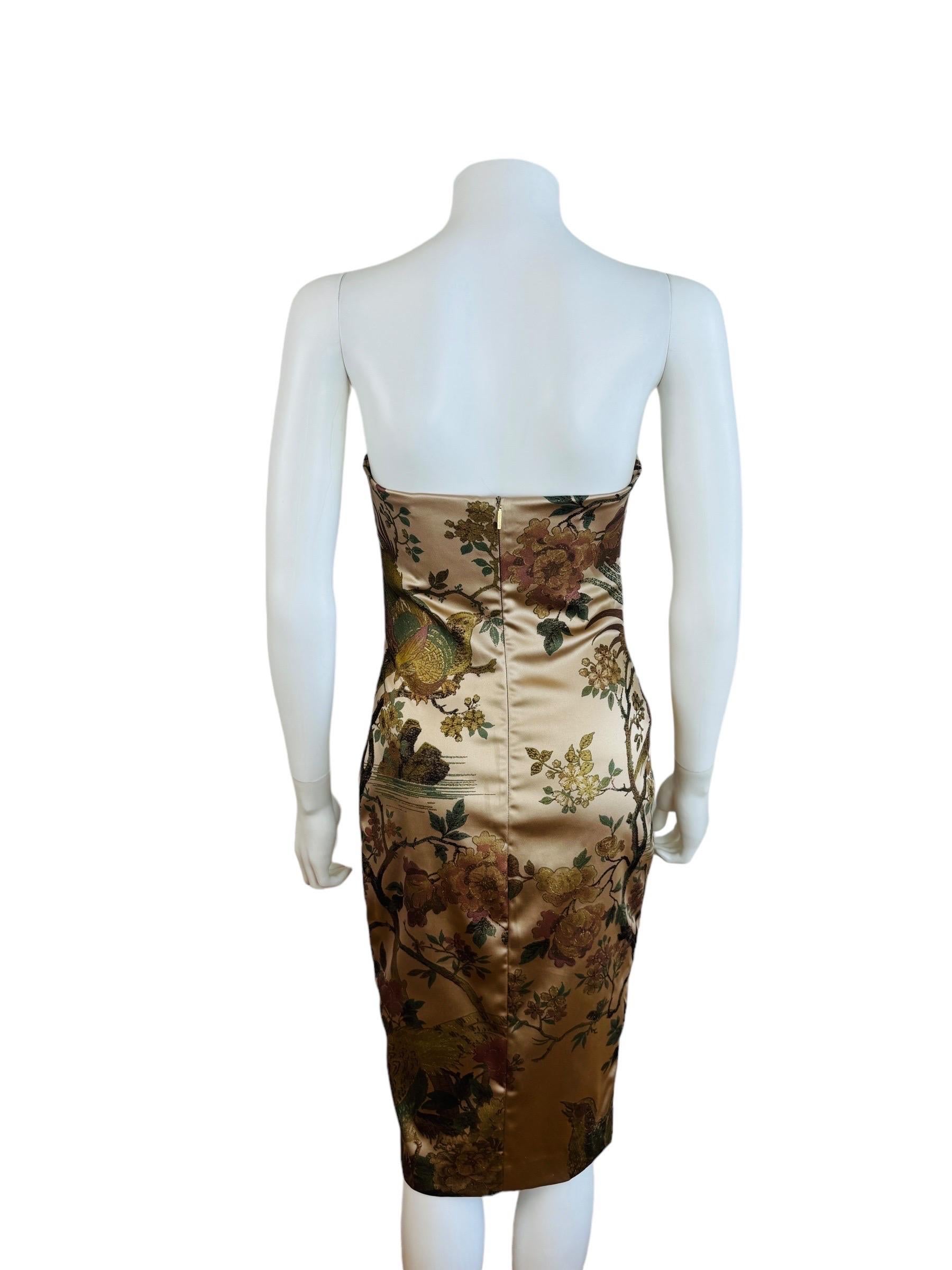 Vintage F&F 2006 Roberto Cavalli Vestito floreale di fagiano senza spalline in seta Tan in vendita 2