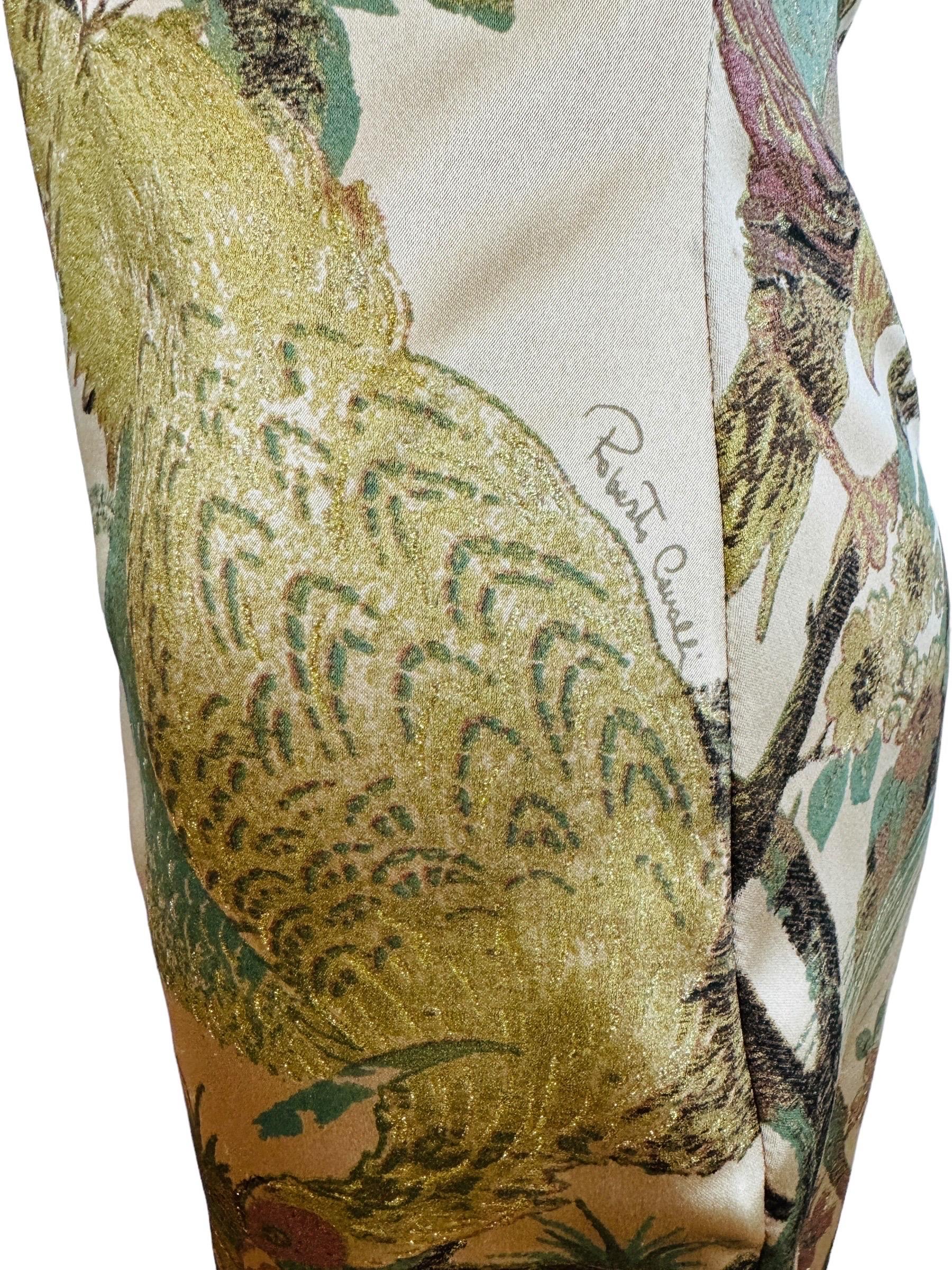 Vintage F&F 2006 Roberto Cavalli Vestito floreale di fagiano senza spalline in seta Tan in vendita 4