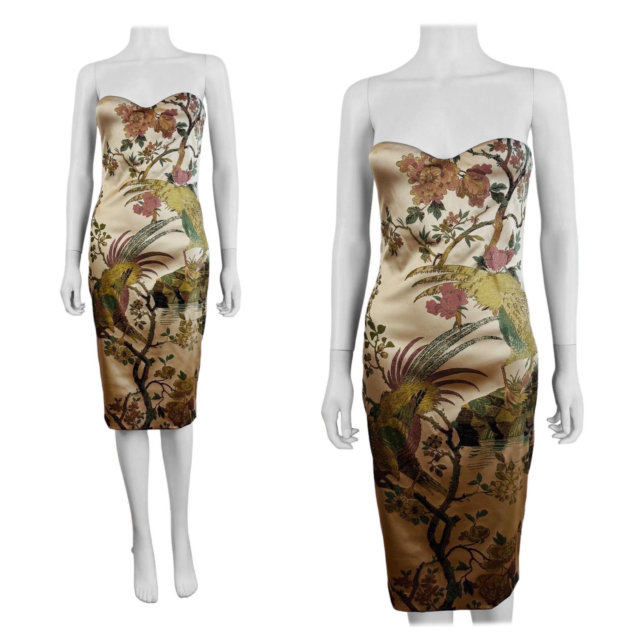 Vintage H/W 2006 Roberto Cavalli Braunes trägerloses Fasanen-Blumenkleid aus Seide in Hellbraun, Vintage im Angebot