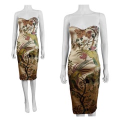 Vintage F/W 2006 Roberto Cavalli Tan Silk Strapless Pheasant Floral Dress