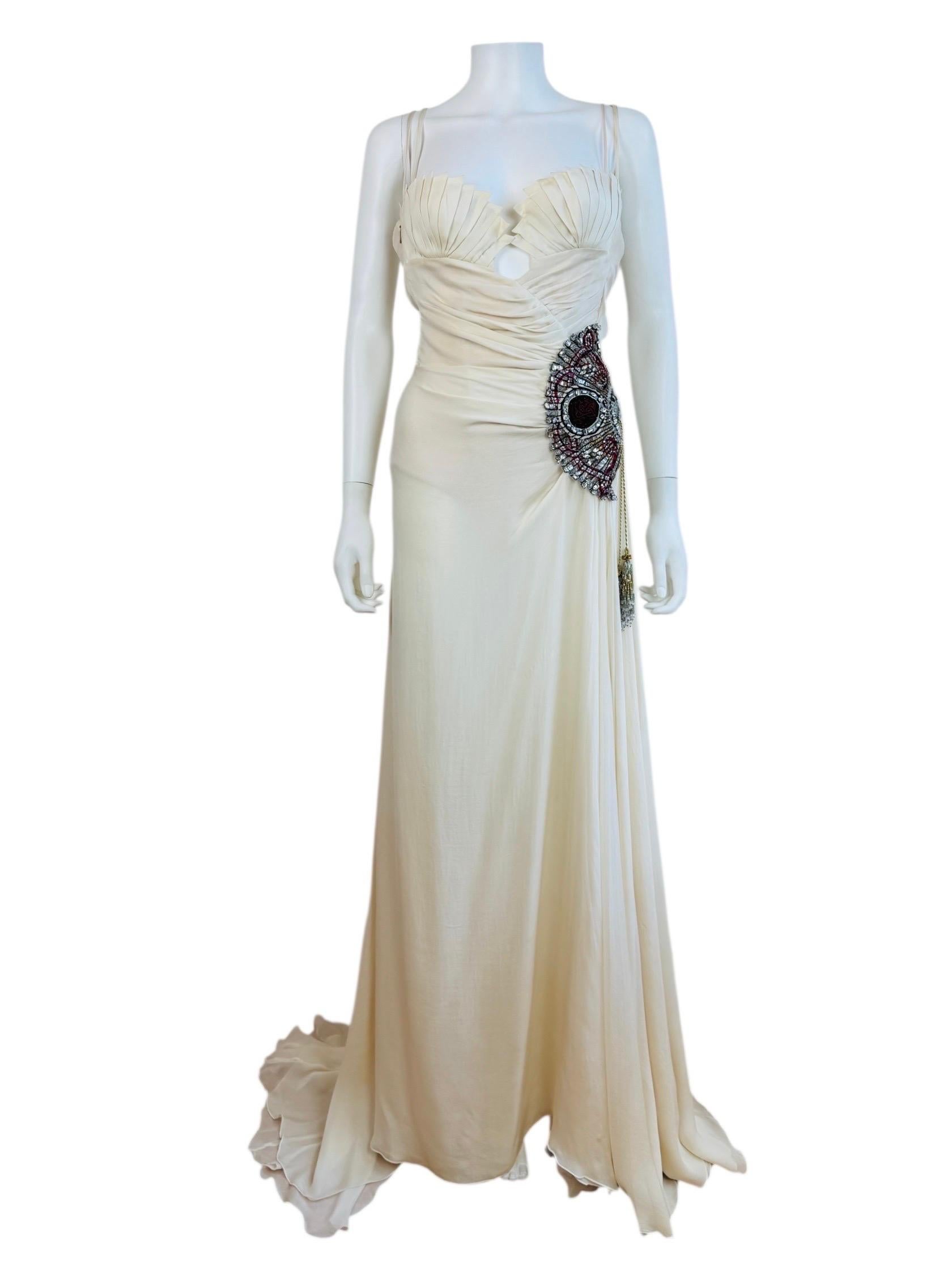 Gray Vintage F/W 2006 Roberto Cavalli White Silk Runway Fan Dress Gown Wedding For Sale