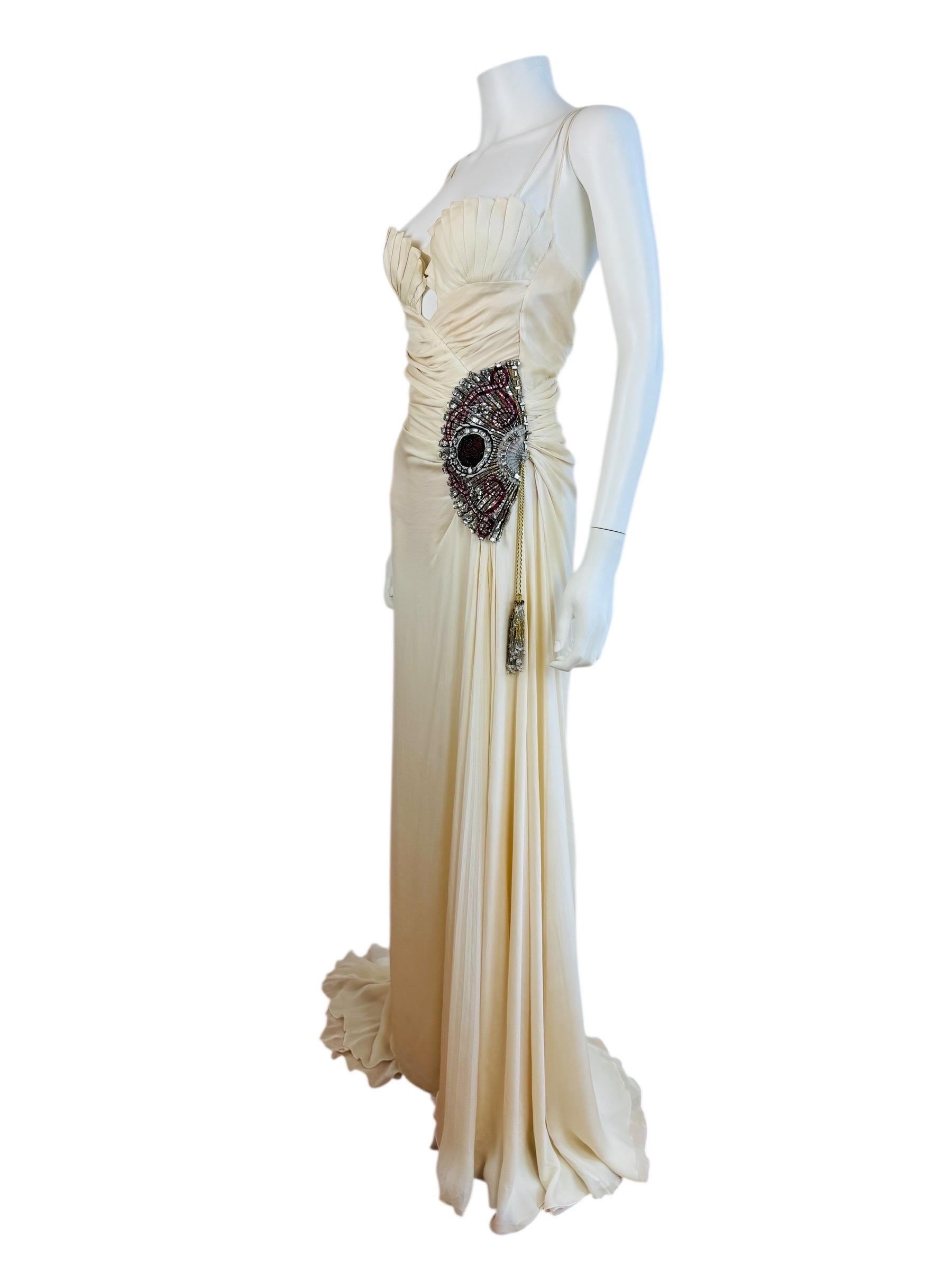 Vintage F/W 2006 Roberto Cavalli White Silk Runway Fan Dress Gown Wedding For Sale 1
