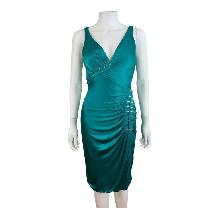Vintage F/W 2009 Versace Dress Emerald Green Silver Metal Logo  Embelishments at 1stDibs