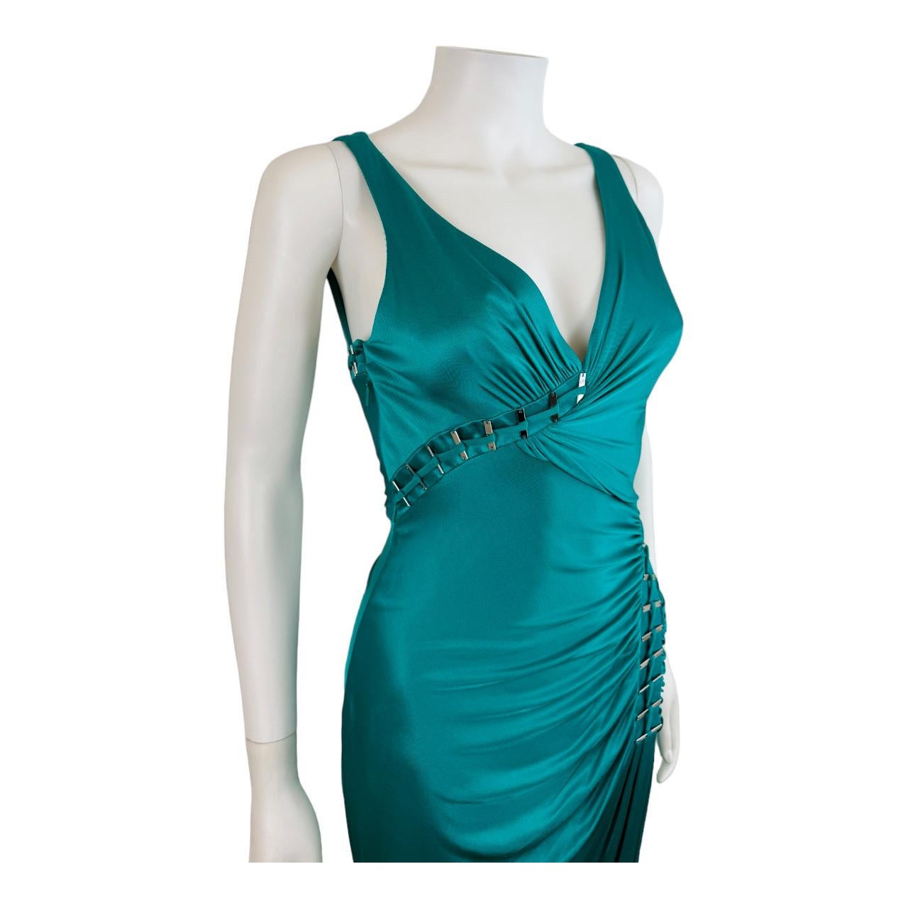 Vintage F/W 2009 Versace Dress Emerald Green Silver Metal Logo Embelishments For Sale 2