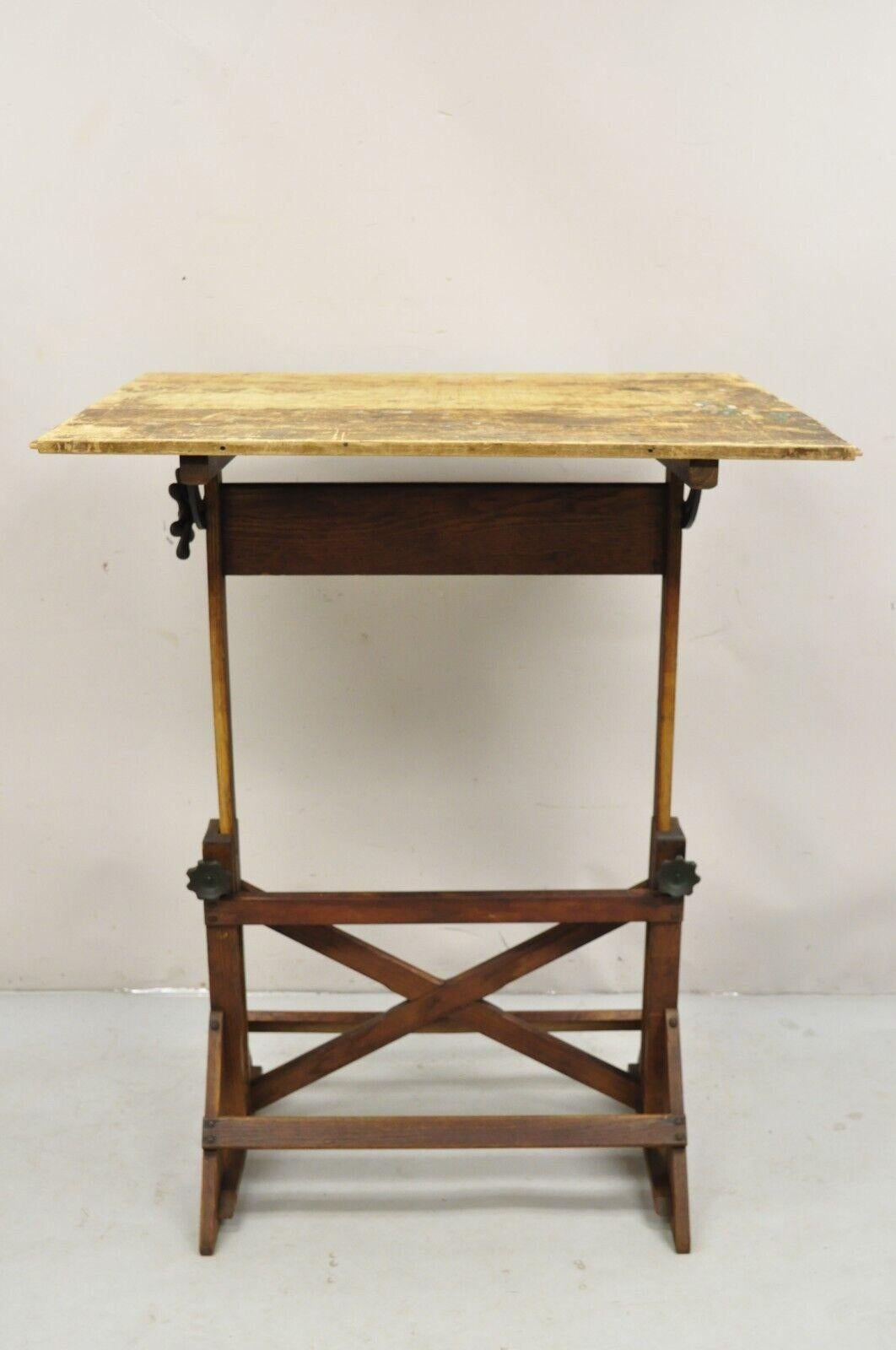 Vintage F. Weber Co Pine Wood and Cast Iron Adjustable Drafting Table Desk For Sale 3