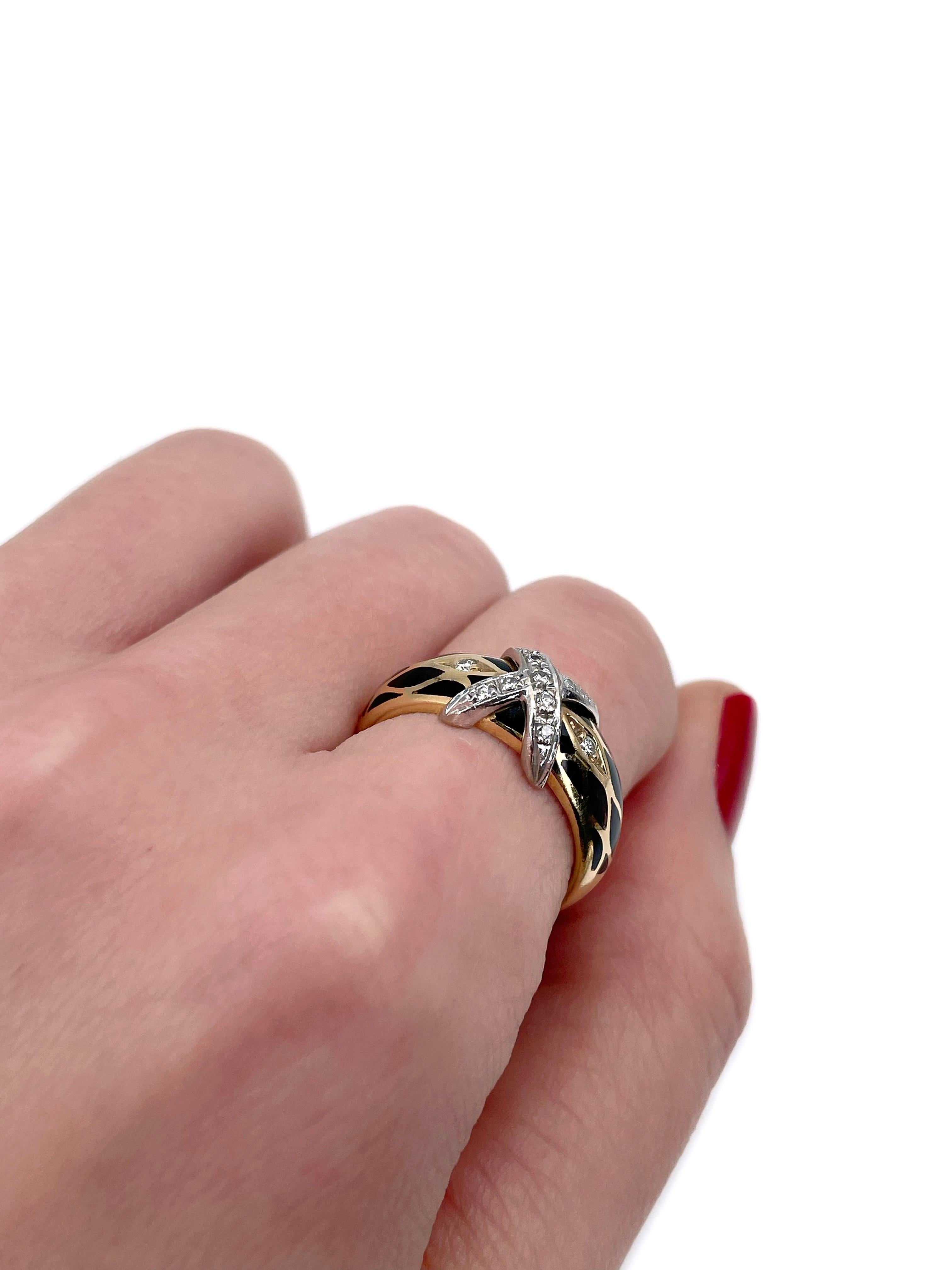 Modern Vintage Faberge 18 Karat Gold Diamond Black Brown Enamel X Band Ring For Sale