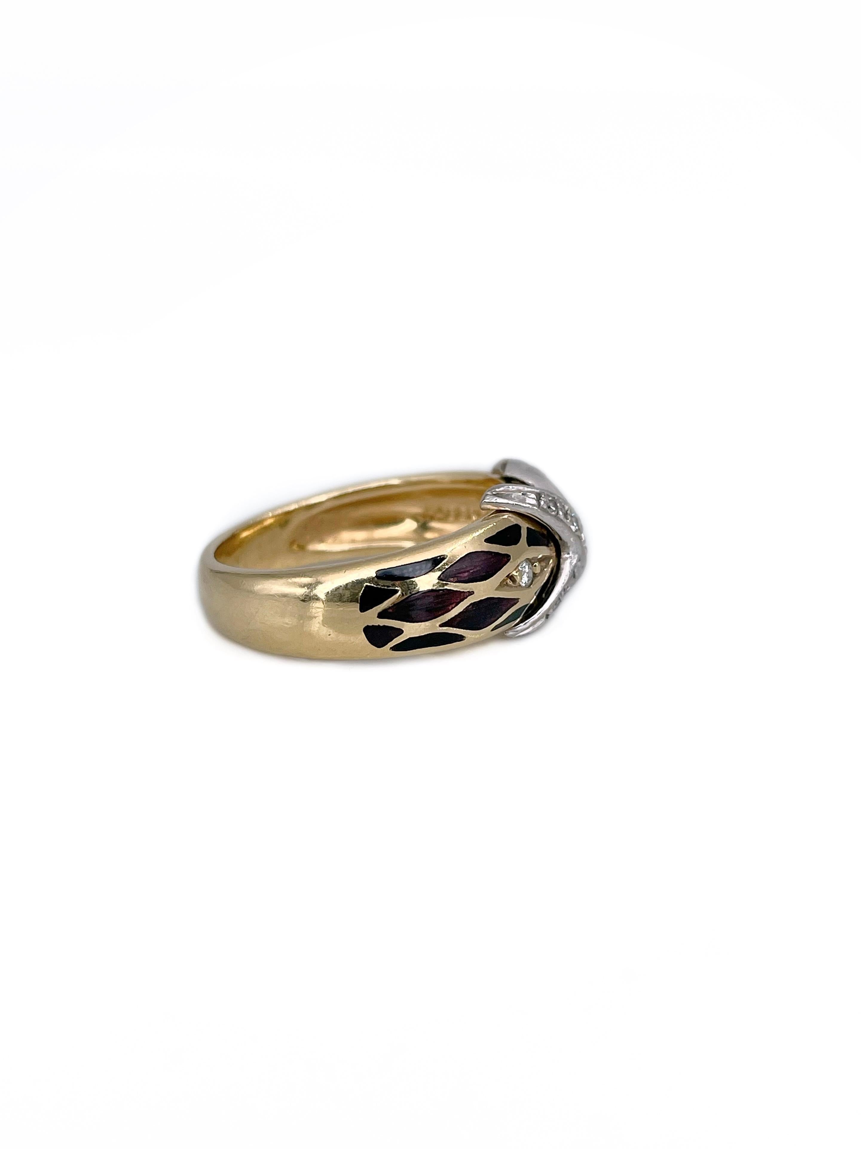 Brilliant Cut Vintage Faberge 18 Karat Gold Diamond Black Brown Enamel X Band Ring For Sale