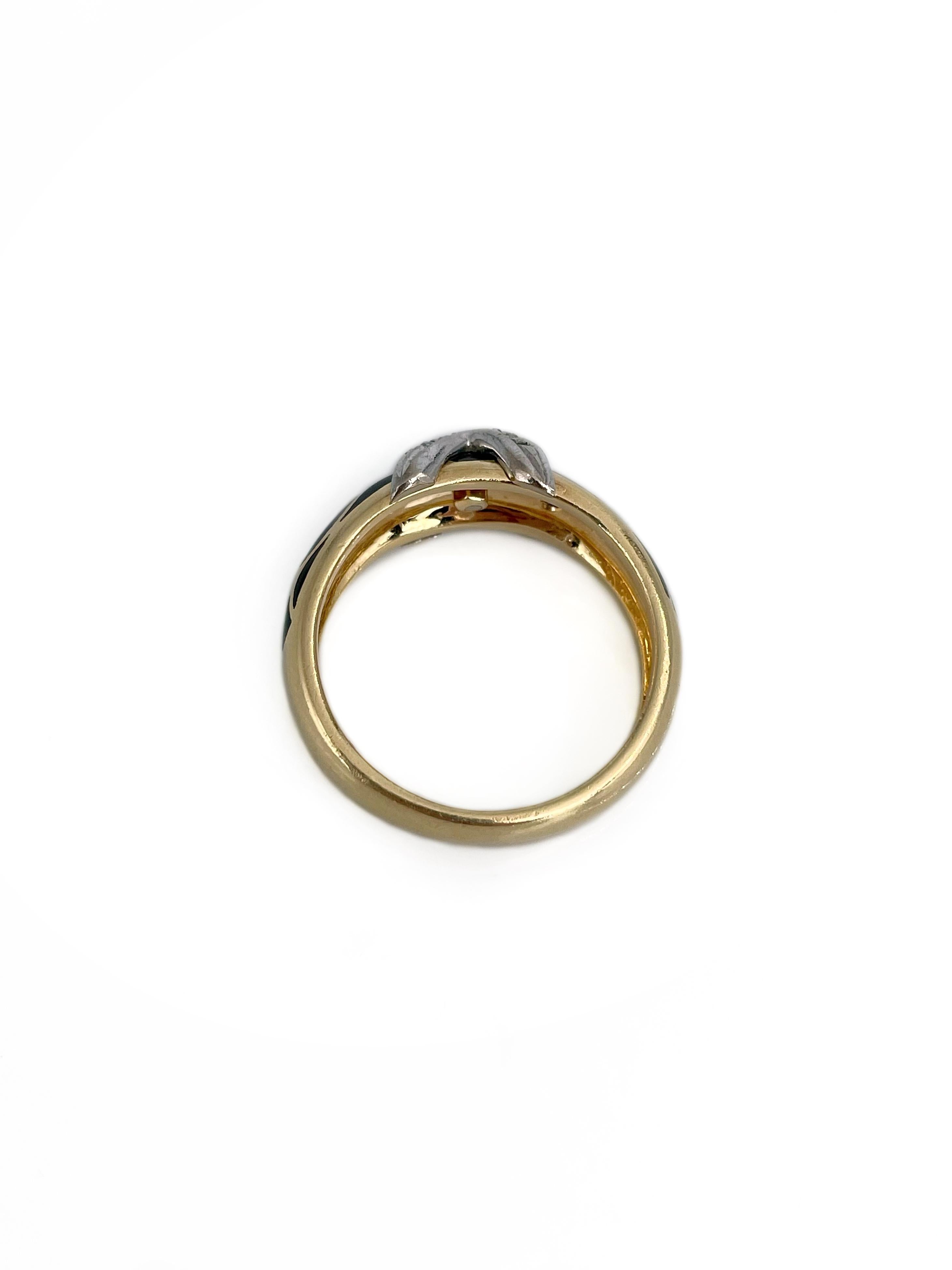 Vintage Faberge 18 Karat Gold Diamond Black Brown Enamel X Band Ring In Good Condition For Sale In Vilnius, Vilniaus apskr.