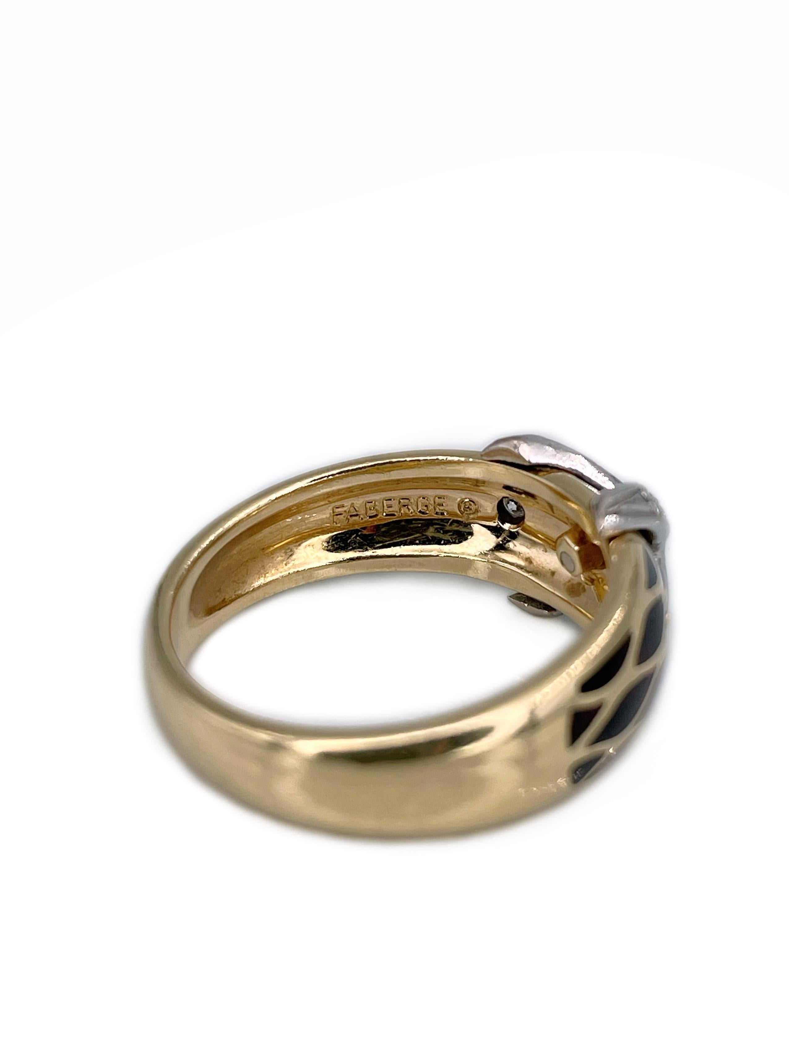 Women's or Men's Vintage Faberge 18 Karat Gold Diamond Black Brown Enamel X Band Ring For Sale