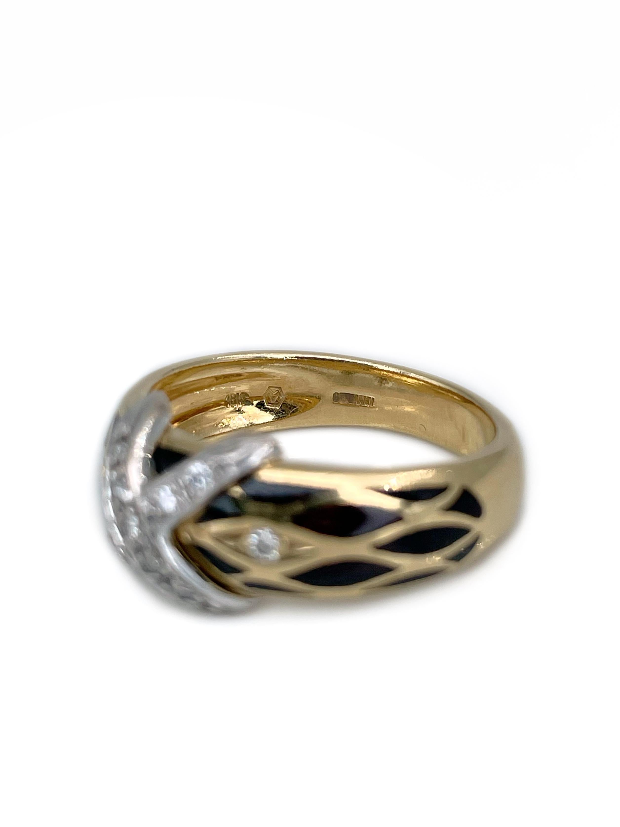 Vintage Faberge 18 Karat Gold Diamond Black Brown Enamel X Band Ring For Sale 1