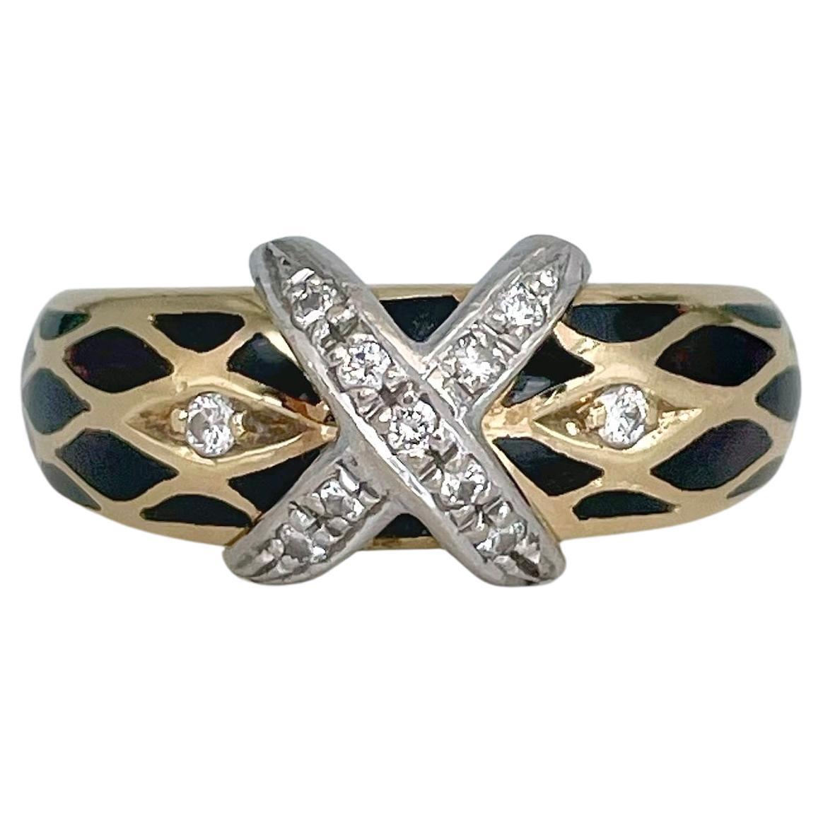 Vintage Faberge 18 Karat Gold Diamond Black Brown Enamel X Band Ring
