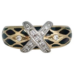 Anello Faberge d'epoca in oro 18 carati con diamante nero e smalto marrone a X