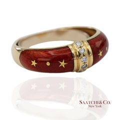 Vintage Faberge 18K 750 Solid Yellow Gold Red Enamel Diamond Ring