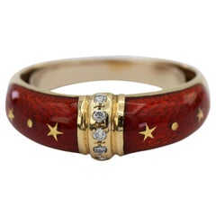 Vintage Faberge 18K 750 Massiv Gelbgold Rot Emaille Diamant Ring