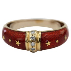 Vintage Faberge 18K 750 Solid Yellow Gold Red Enamel Diamond Ring
