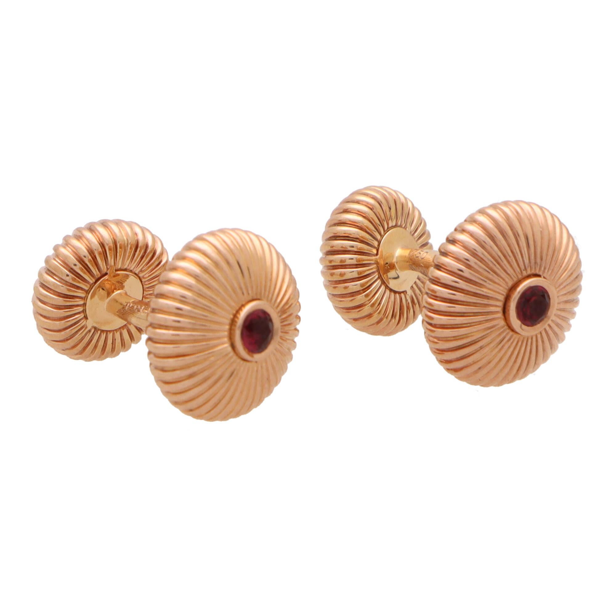 Round Cut  Vintage Faberge 'Colours of Love' Fluted Ruby Cufflinks in 18k Rose Gold For Sale