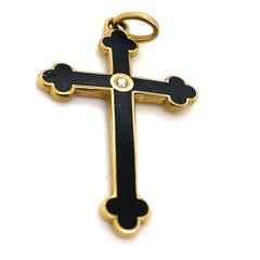 Vintage Fabergé Cross Pendant 18 Karat Yellow Gold Diamond Onyx