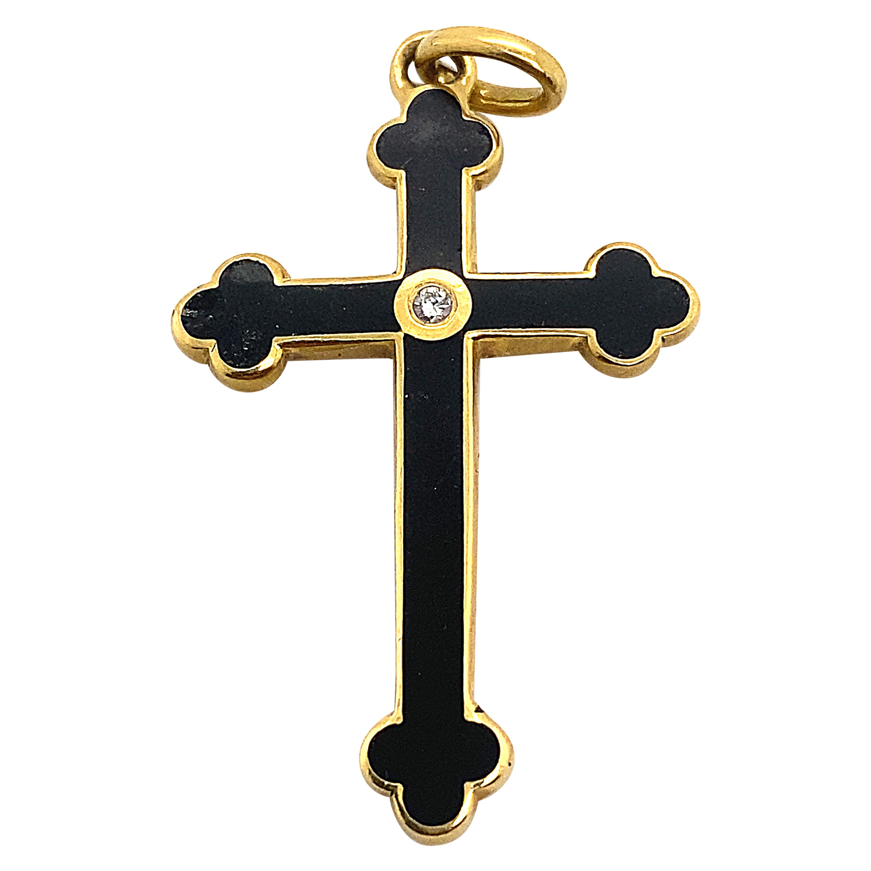 Faberg-Kreuz-Anhänger aus 18 Karat Gelbgold mit Diamant und Onyx