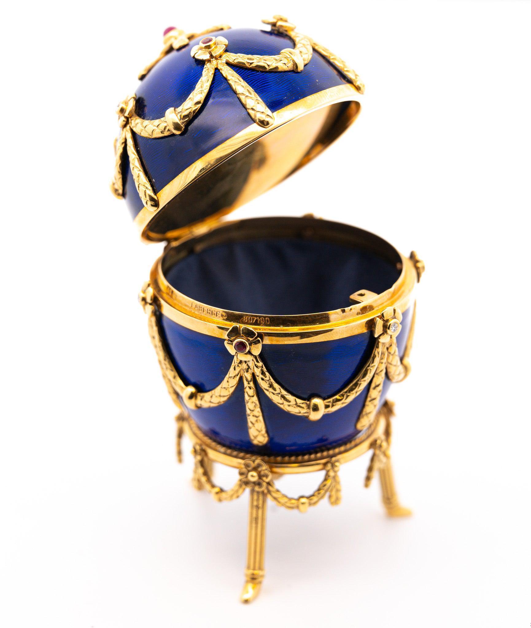 Round Cut Vintage Fabergé Egg by Victor Mayer 80/100 Blue Enamel Original Box & Certified