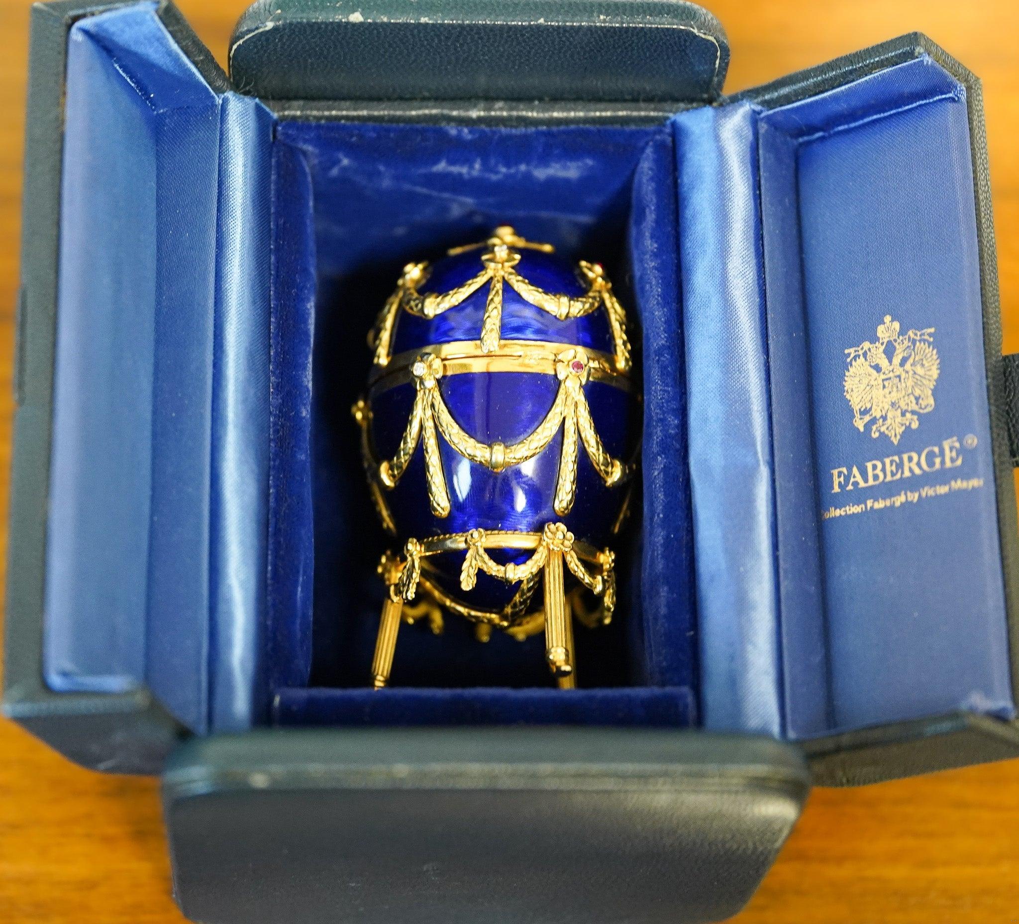 Vintage Fabergé Egg by Victor Mayer 80/100 Blue Enamel Original Box & Certified 1