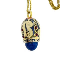 Vintage faberge egg gold enamel glass lapis rhinestone pendant necklace