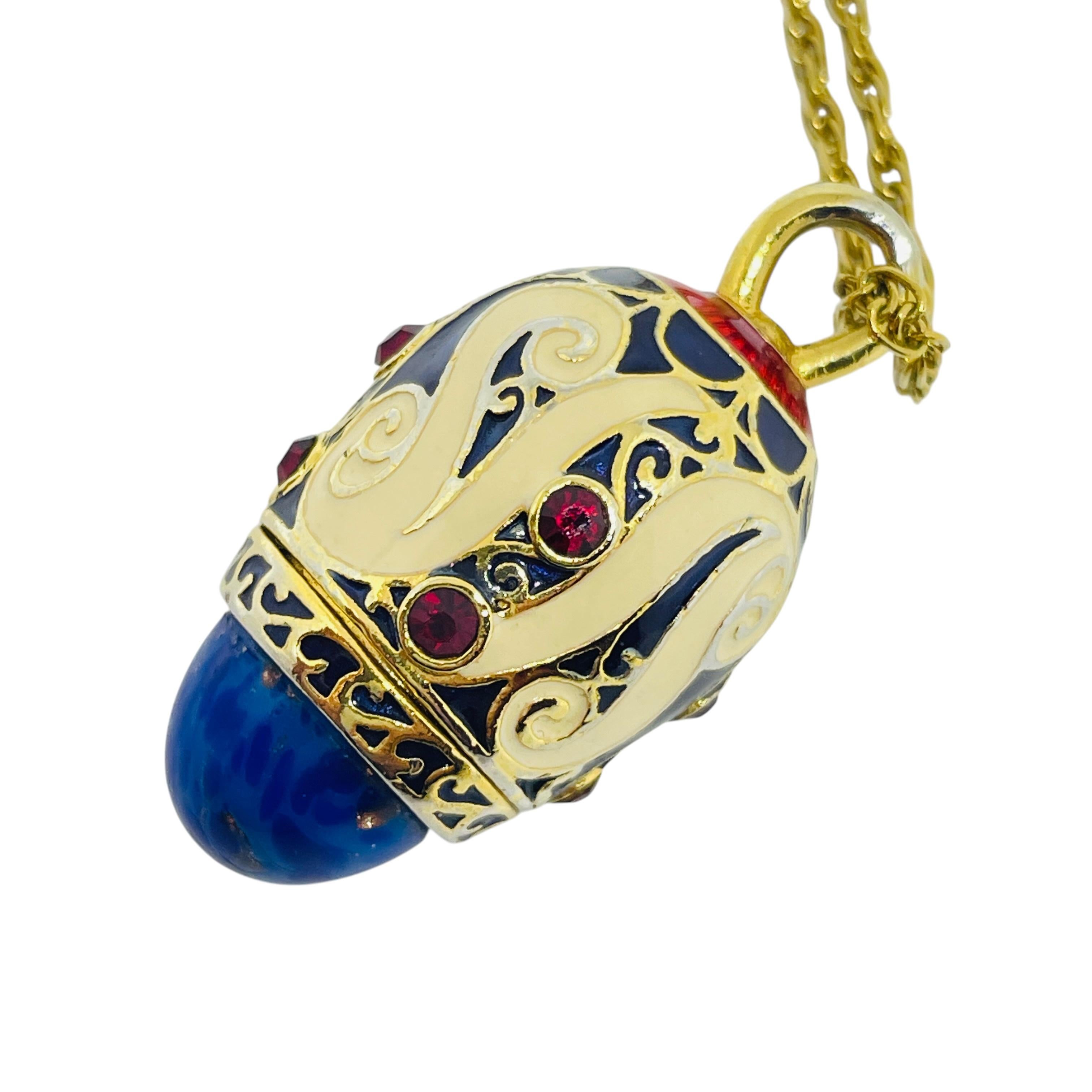 Collier vintage faberge oeuf en verre émaillé lapis strass pendentif Bon état - En vente à Palos Hills, IL