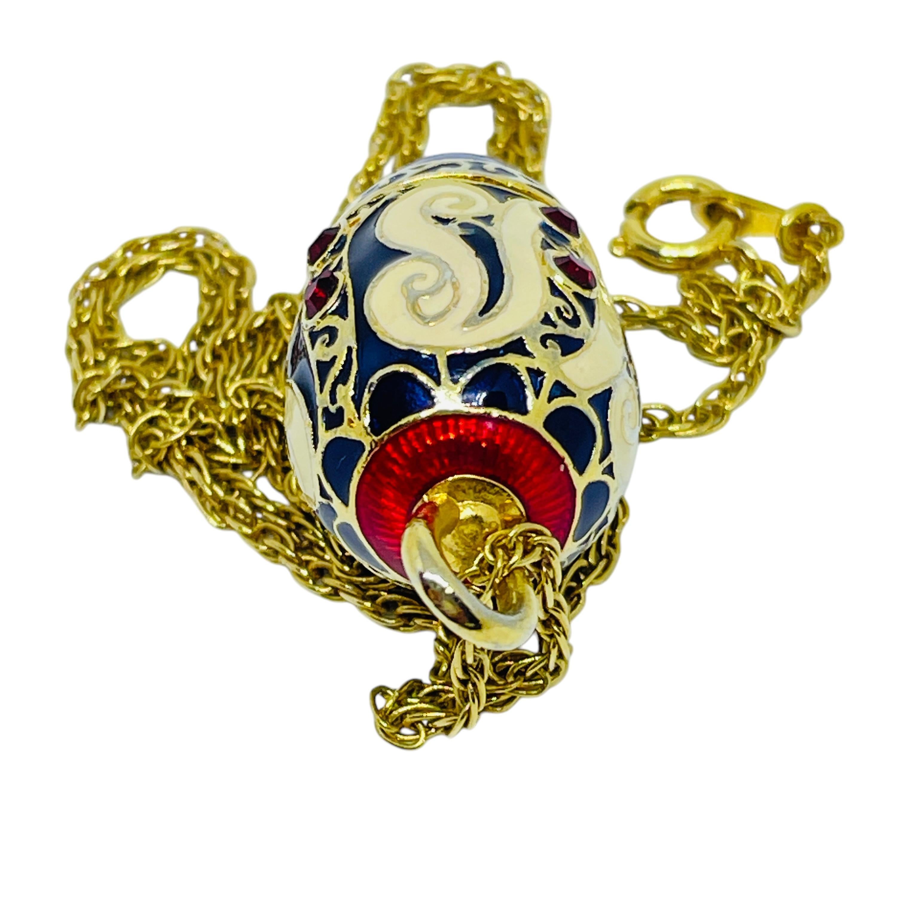 Collier vintage faberge oeuf en verre émaillé lapis strass pendentif Pour femmes en vente