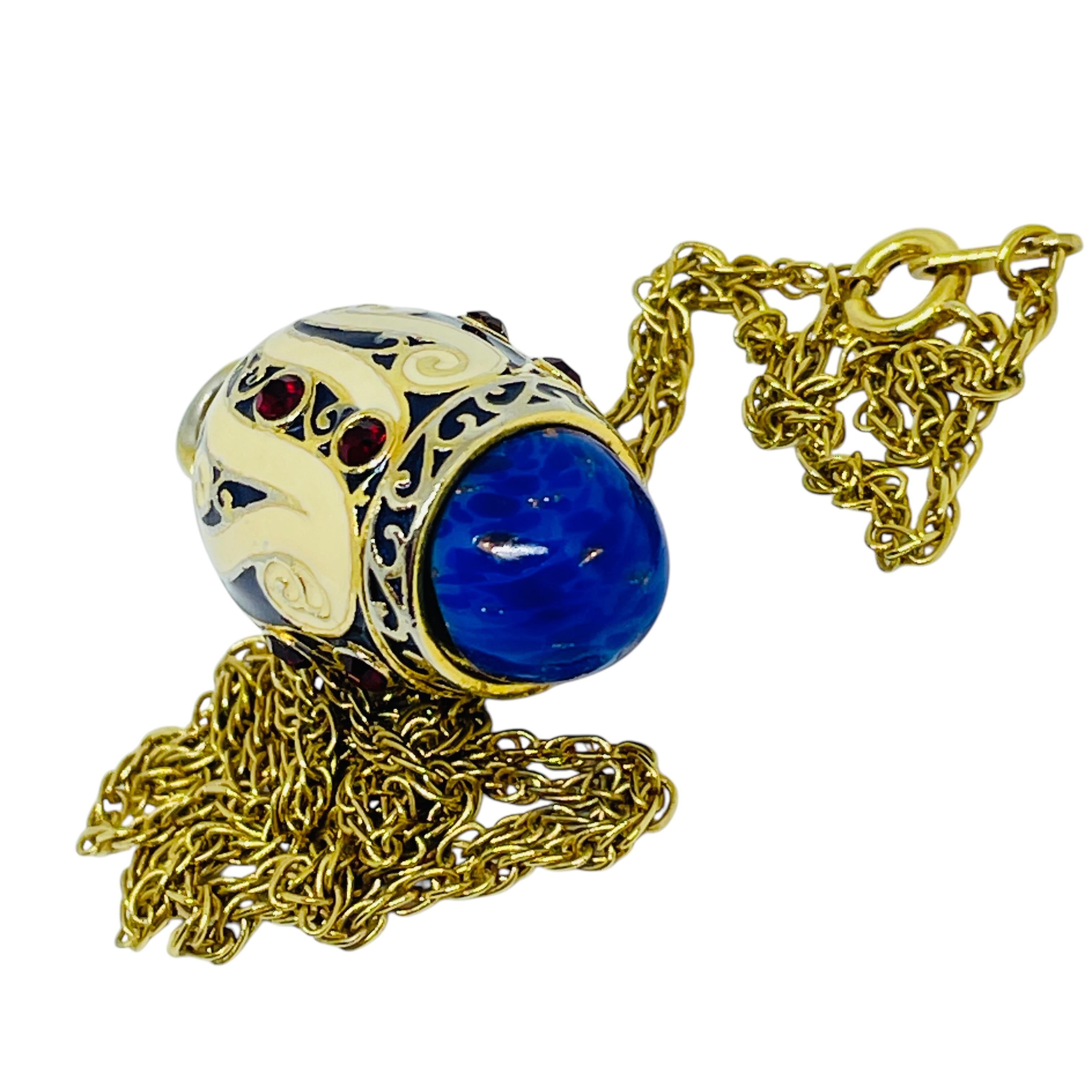 Collier vintage faberge oeuf en verre émaillé lapis strass pendentif en vente 1