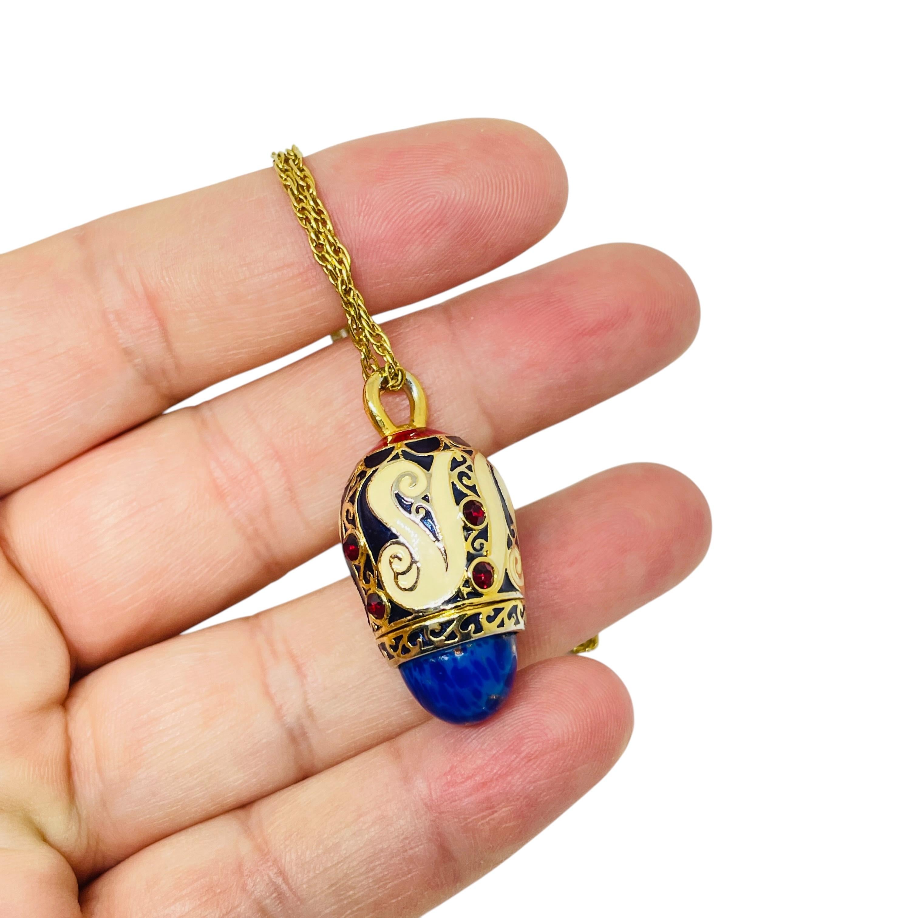 Collier vintage faberge oeuf en verre émaillé lapis strass pendentif en vente 2