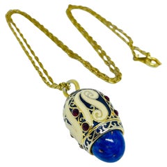 Vintage faberge egg gold enamel glass lapis rhinestone pendant necklace