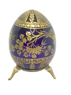 Vintage Faberge Russia Style Blue Glass Egg with Etched Decorations