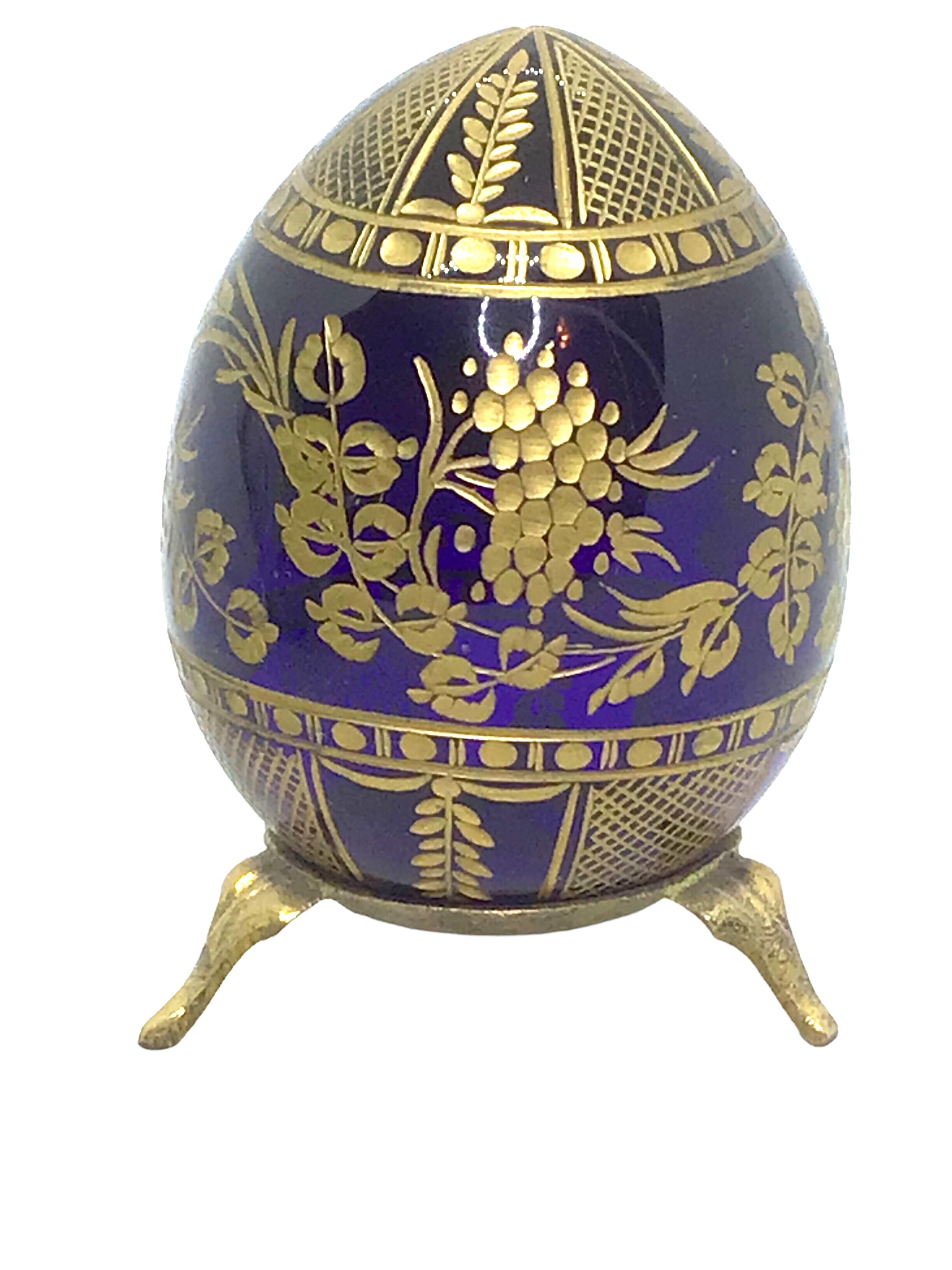 Art Nouveau Vintage Faberge Russia Style Blue Glass Egg with Etched Decorations