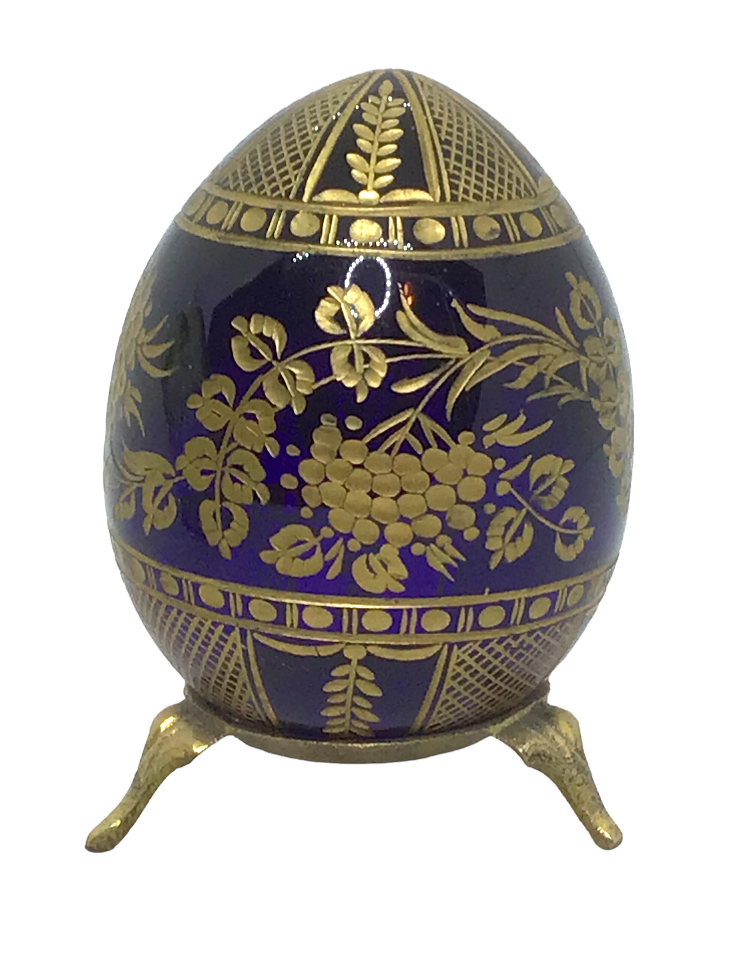 Russian Vintage Faberge Russia Style Blue Glass Egg with Etched Decorations
