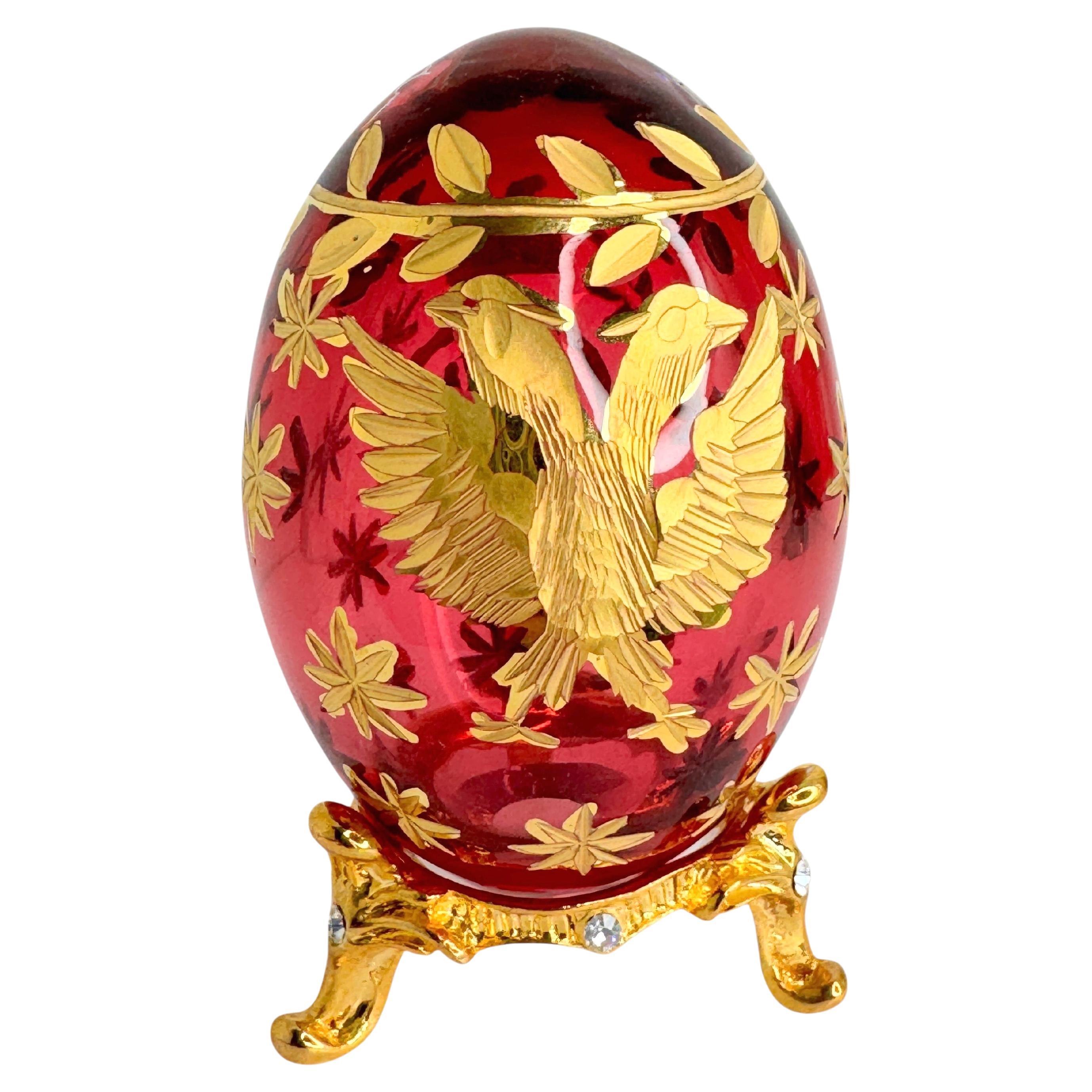 Huevo de Cristal Vintage Faberge Estilo Ruso con Escudo de Armas Ruso Grabado