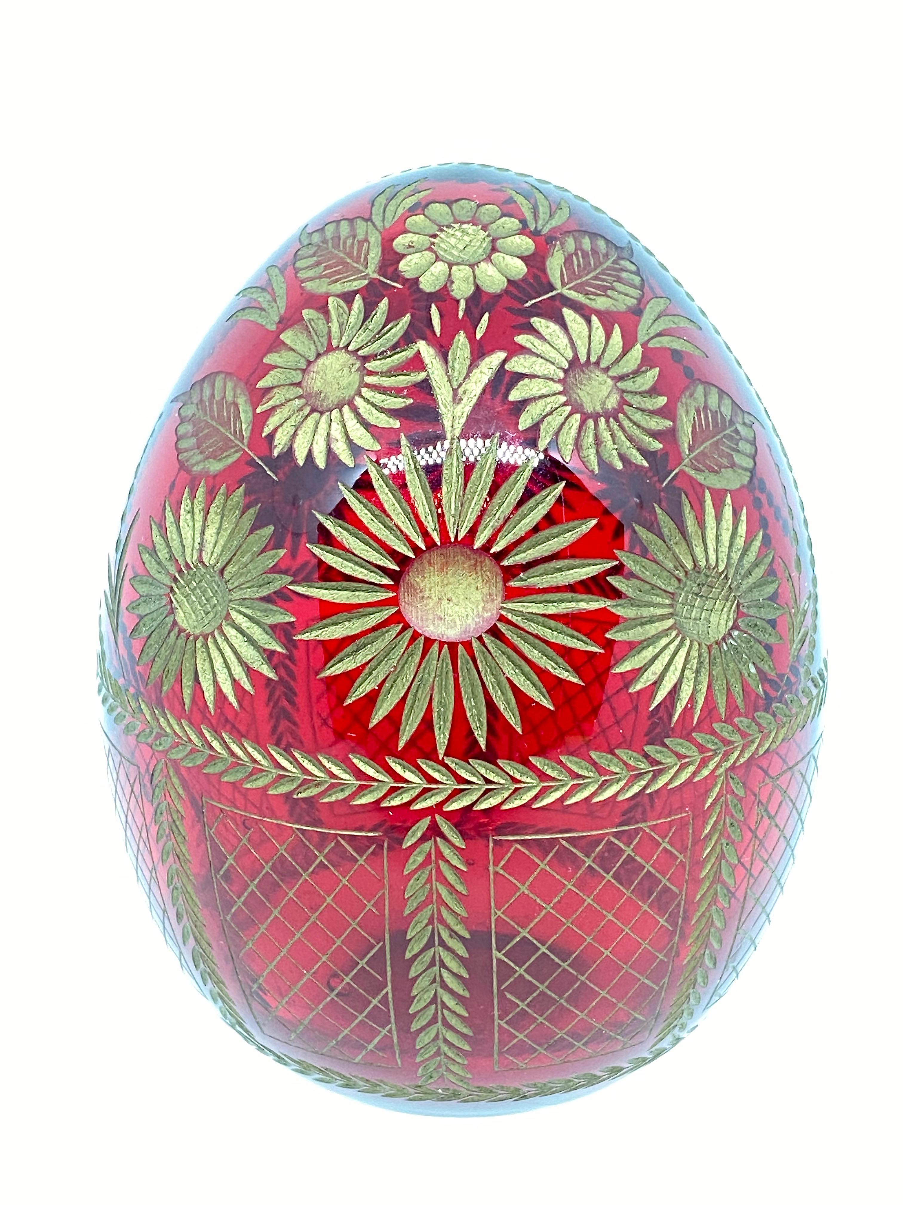 Vintage Faberge Russia style glass egg with etched Russian Folk Art Flowers. Reminiscent of eggs from St. Petersburg. Nice addition to your collection or just as decorative piece.