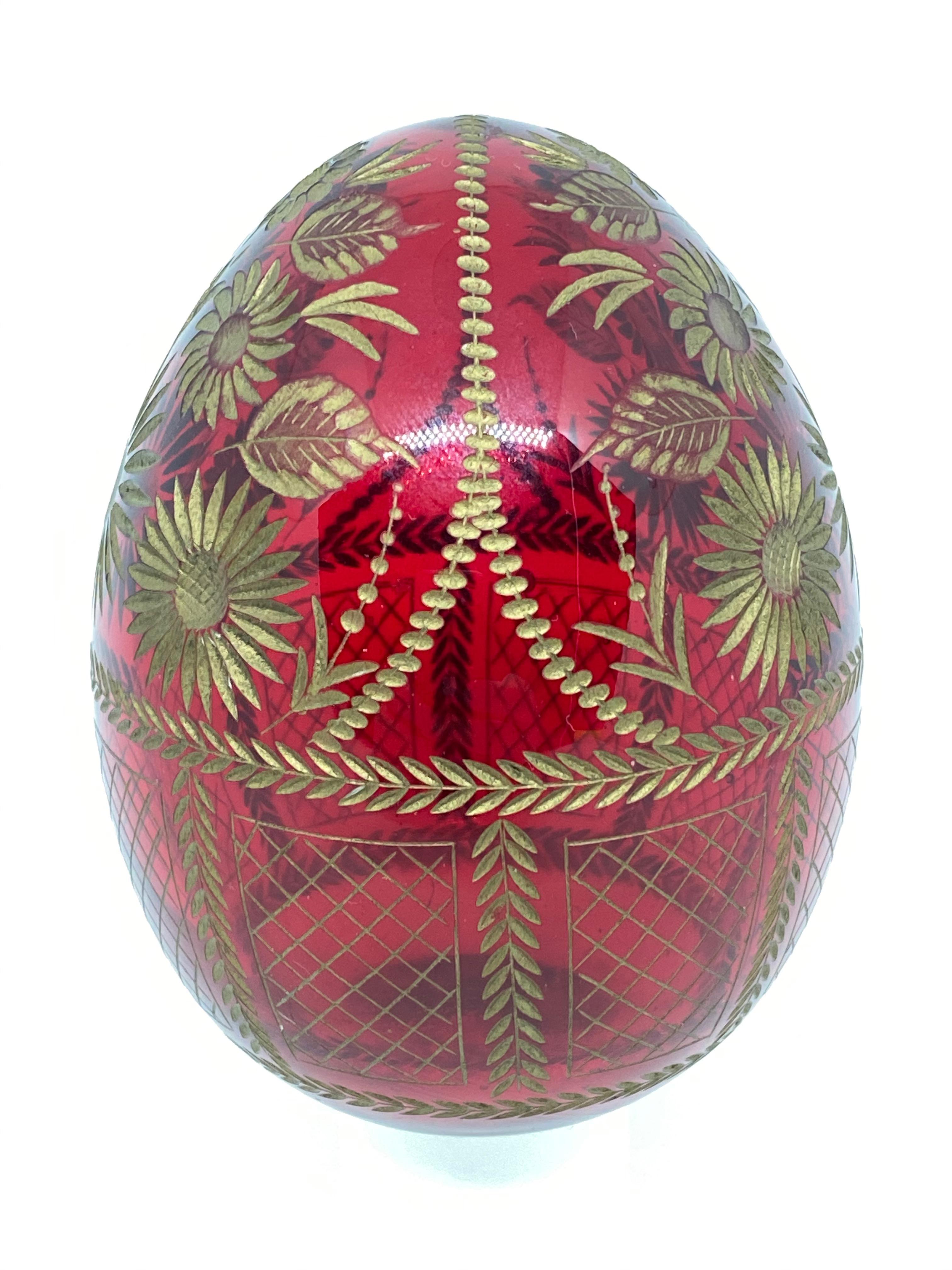 Art Nouveau Vintage Faberge Russia Style Glass Egg with Etched Russian Folk Art Flowers