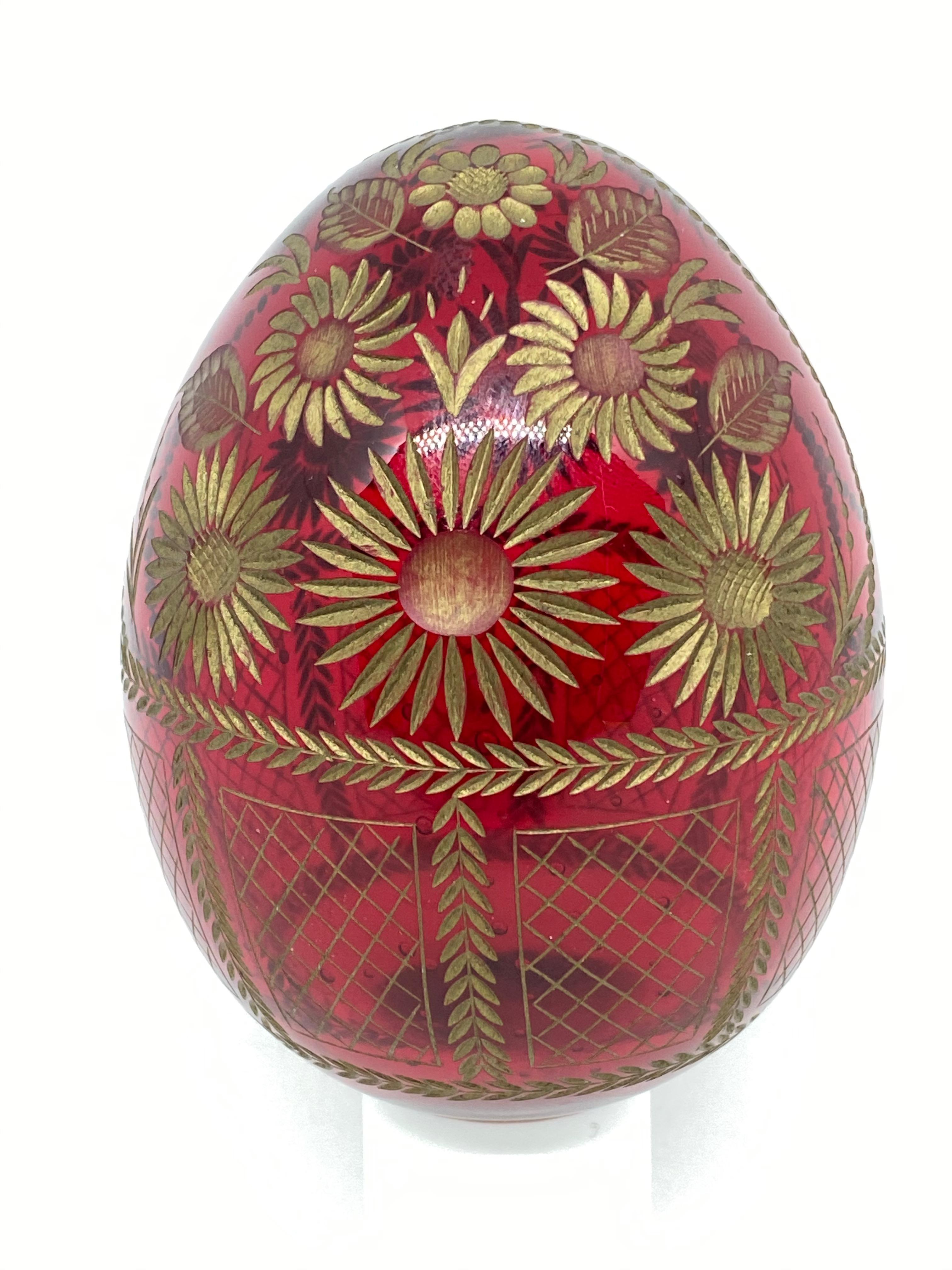 Hand-Crafted Vintage Faberge Russia Style Glass Egg with Etched Russian Folk Art Flowers