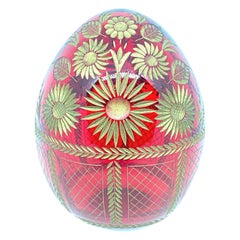 Vintage Faberge Russia Style Glass Egg with Etched Russian Folk Art Flowers