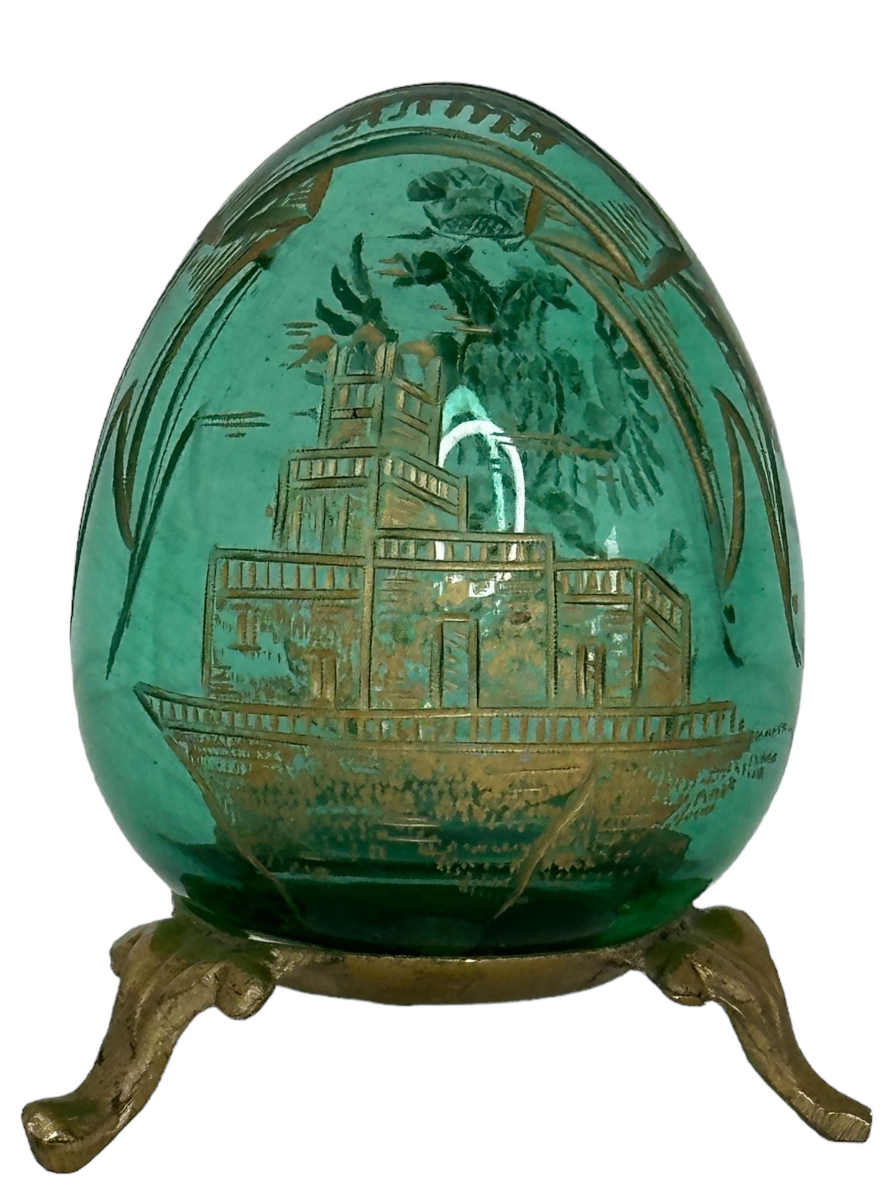 Vintage Faberge Russia Style Green Glass Egg with Etched Decorations 2