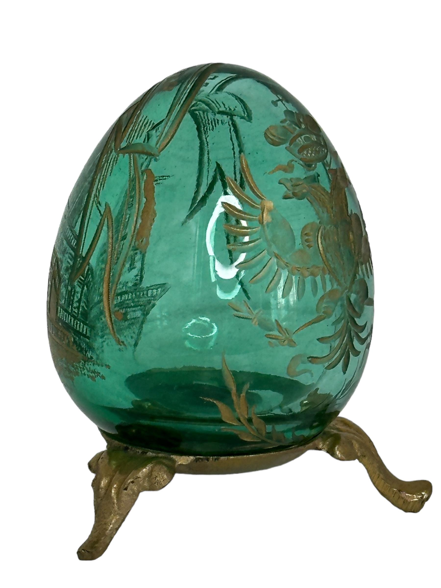Vintage Faberge Russia Style Green Glass Egg with Etched Decorations 3