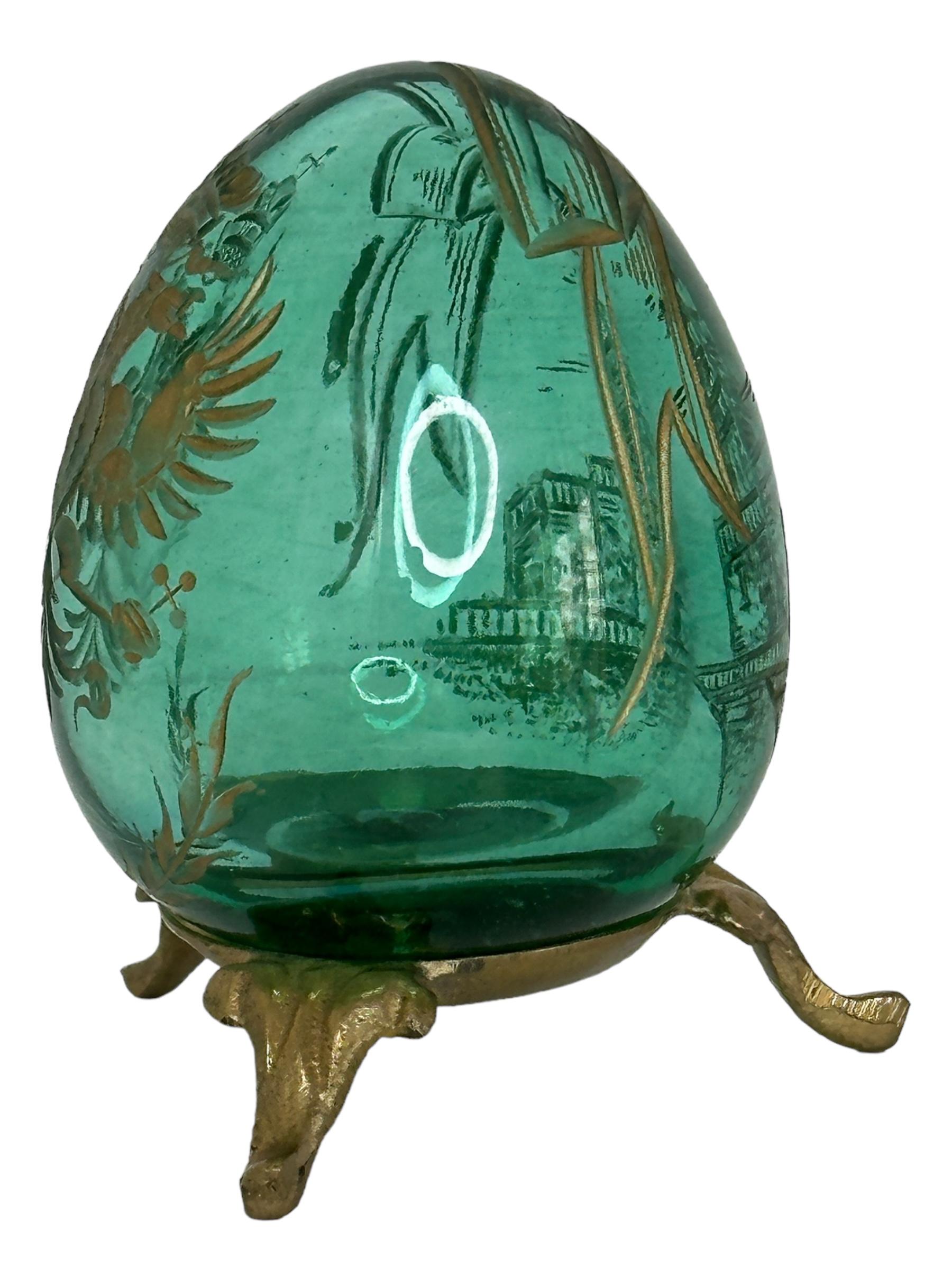 Vintage Faberge Russia Style Green Glass Egg with Etched Decorations 5