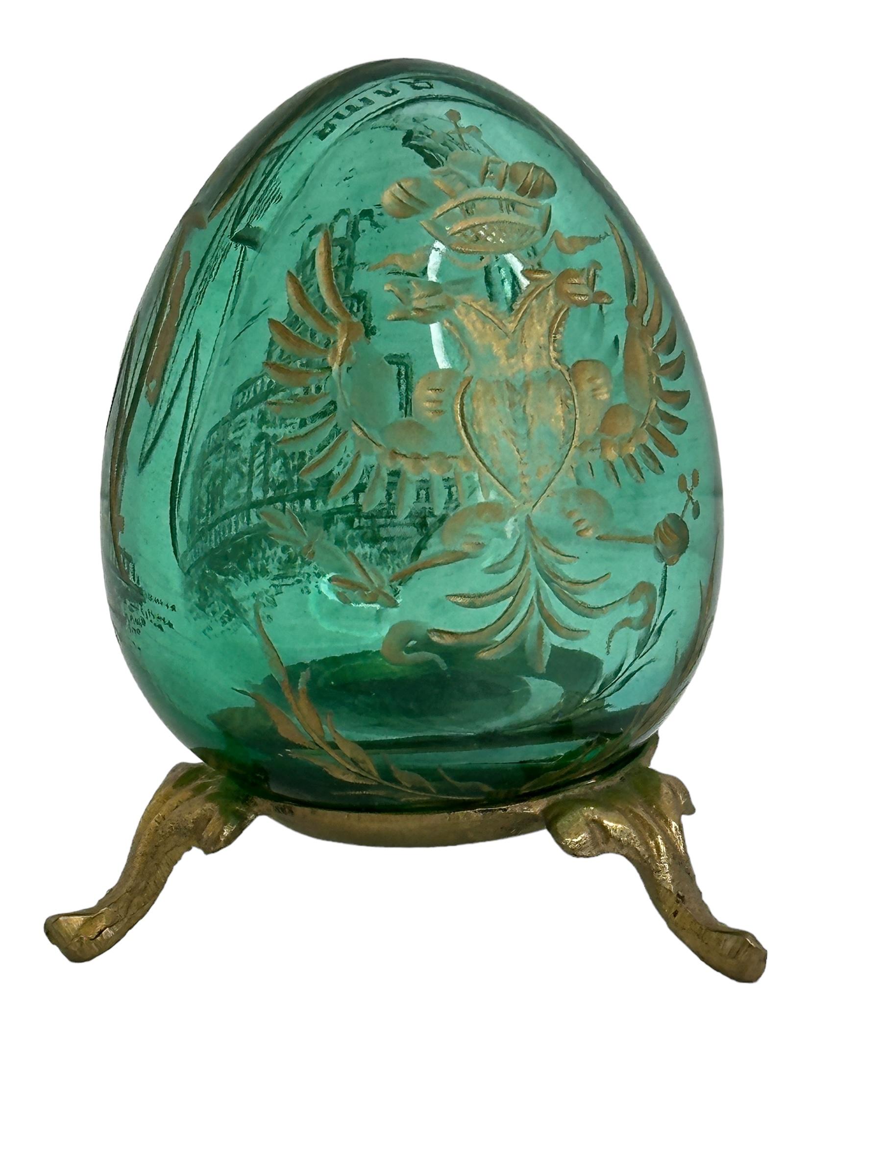 Vintage Faberge Russia Style Green Glass Egg with Etched Decorations 7