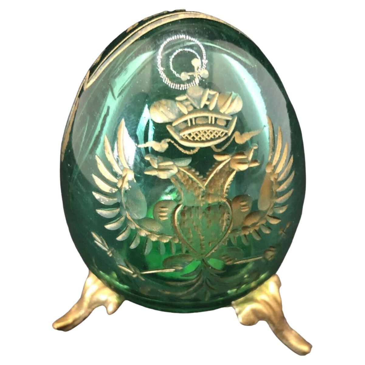 Vintage Faberge Russia style glass egg with etched decorations. Reminiscent of eggs from St. Petersburg. Stand is not included in this offer. A nice addition to your collection. 