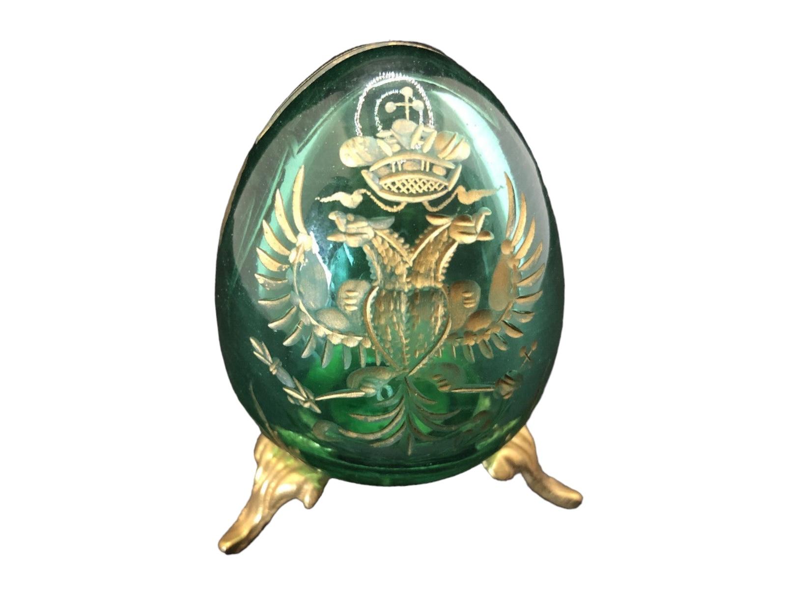 Art Nouveau Vintage Faberge Russia Style Green Glass Egg with Etched Decorations