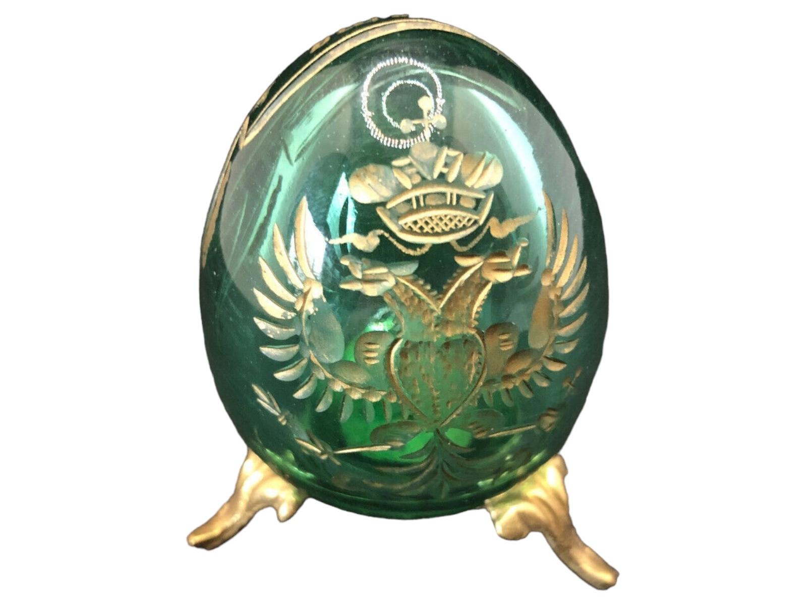 20th Century Vintage Faberge Russia Style Green Glass Egg with Etched Decorations